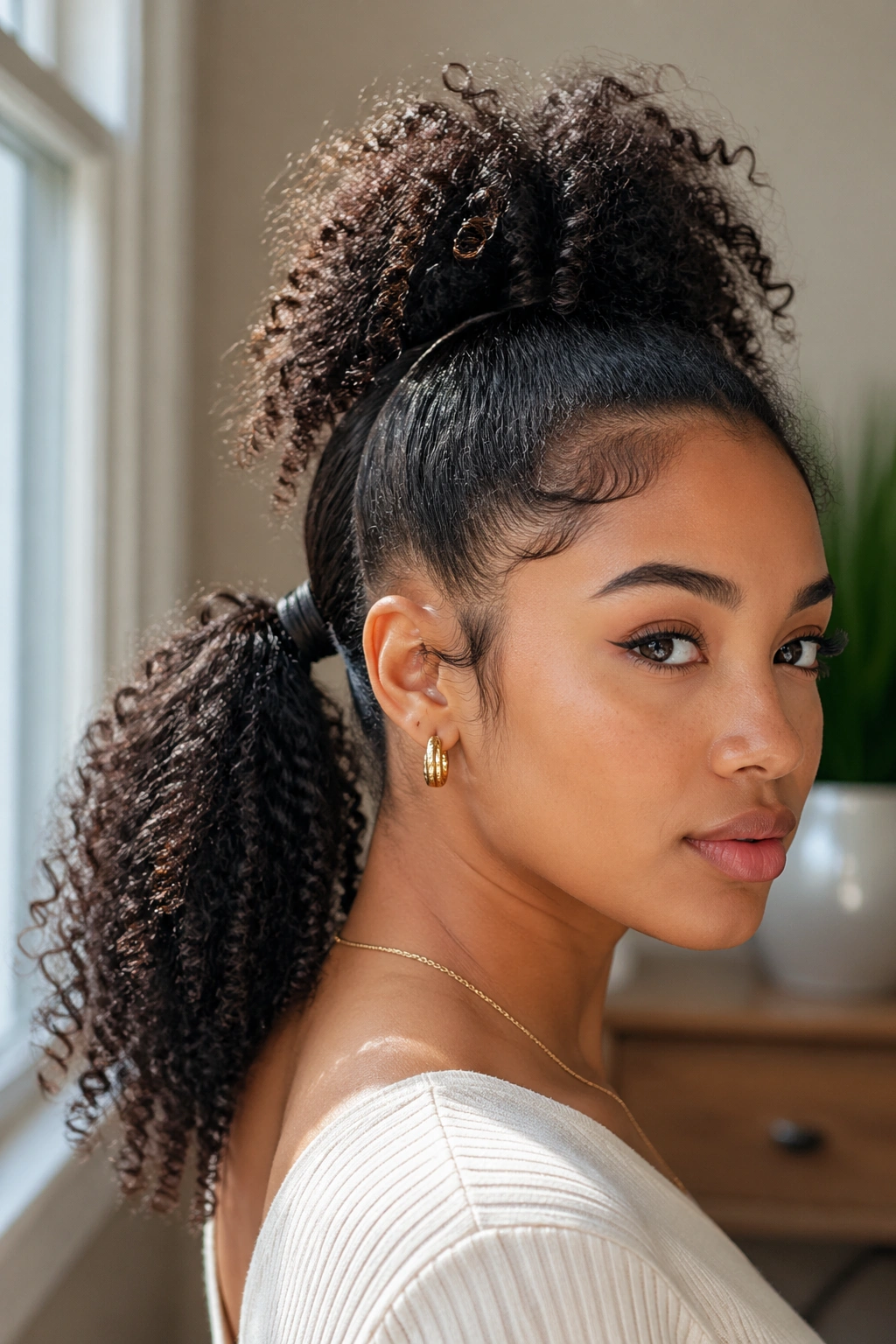 Real woman with two stacked ponytails displaying texture