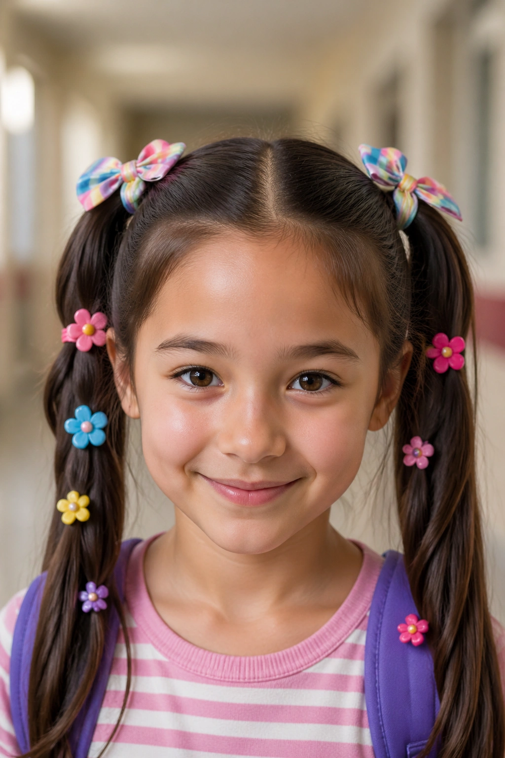 Close-up of a real student with double ponytails accented by colorful accessories.