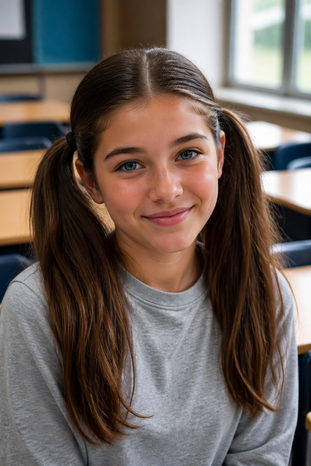 Close-up of a real teenage girl wearing classic side-by-side double ponytails in a classroom