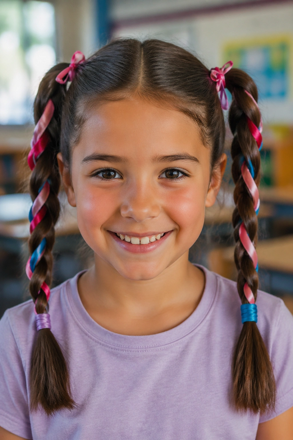 Close-up of a real student with ribbon-weaved double ponytails.