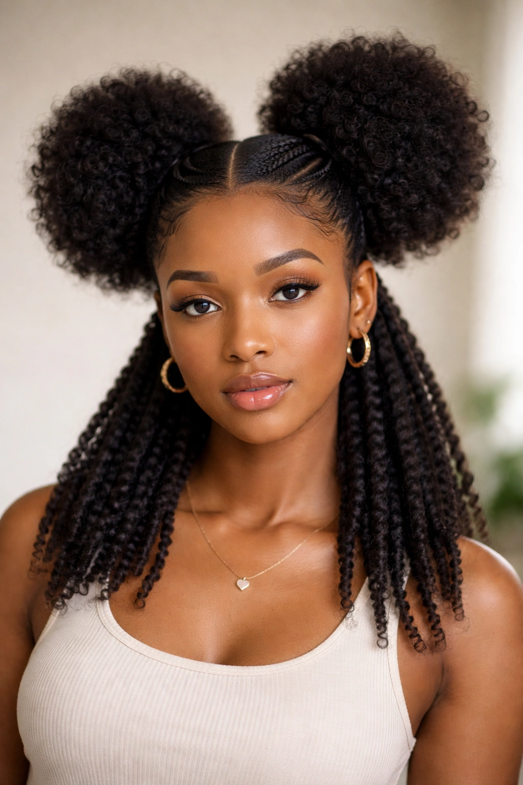 Two high rounded puffs on stretched 4C hair with a center part.