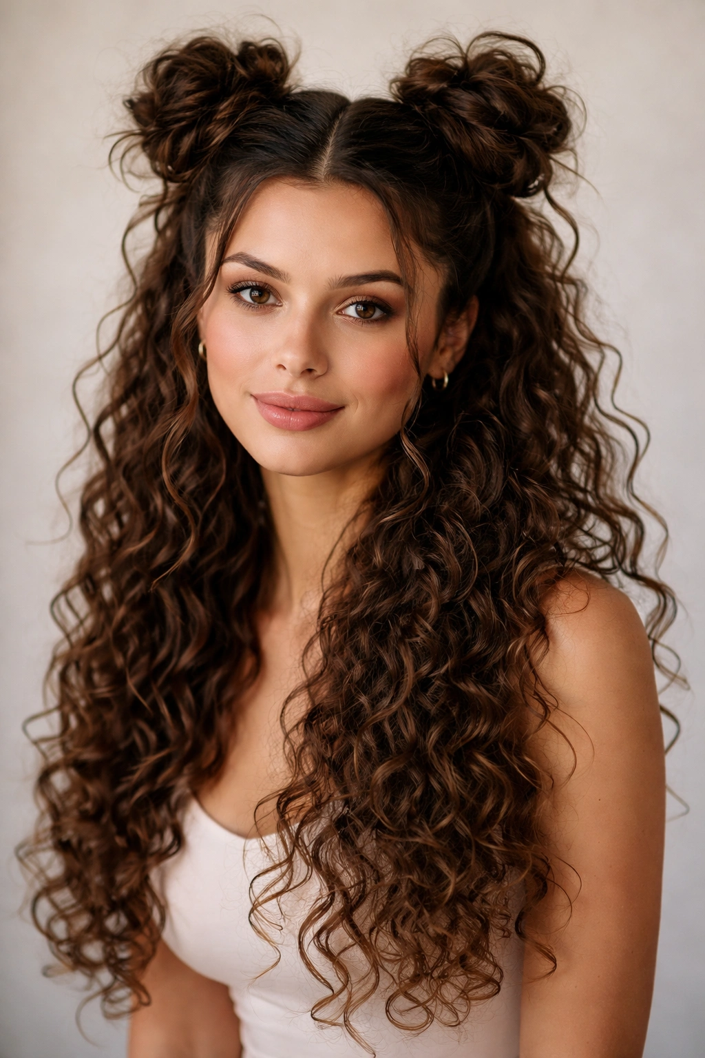 Two high space buns on long curly hair with loose ends