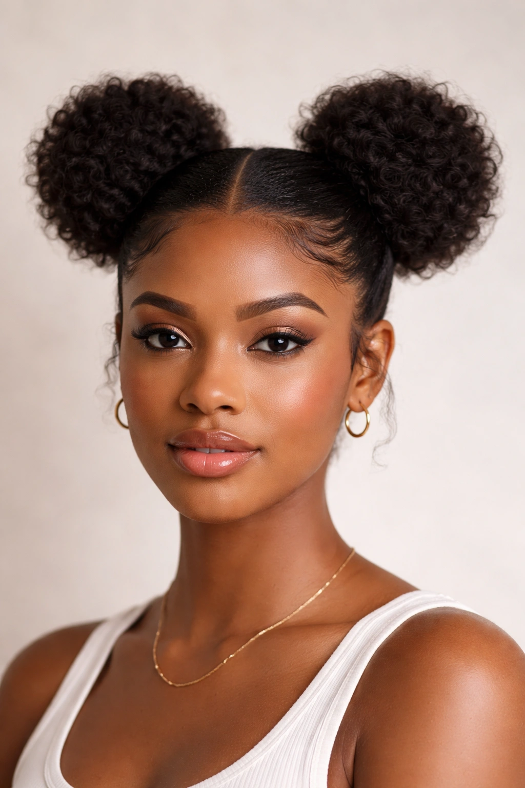 Double Space Buns: symmetrical afro-textured hair with two equal buns above the ears