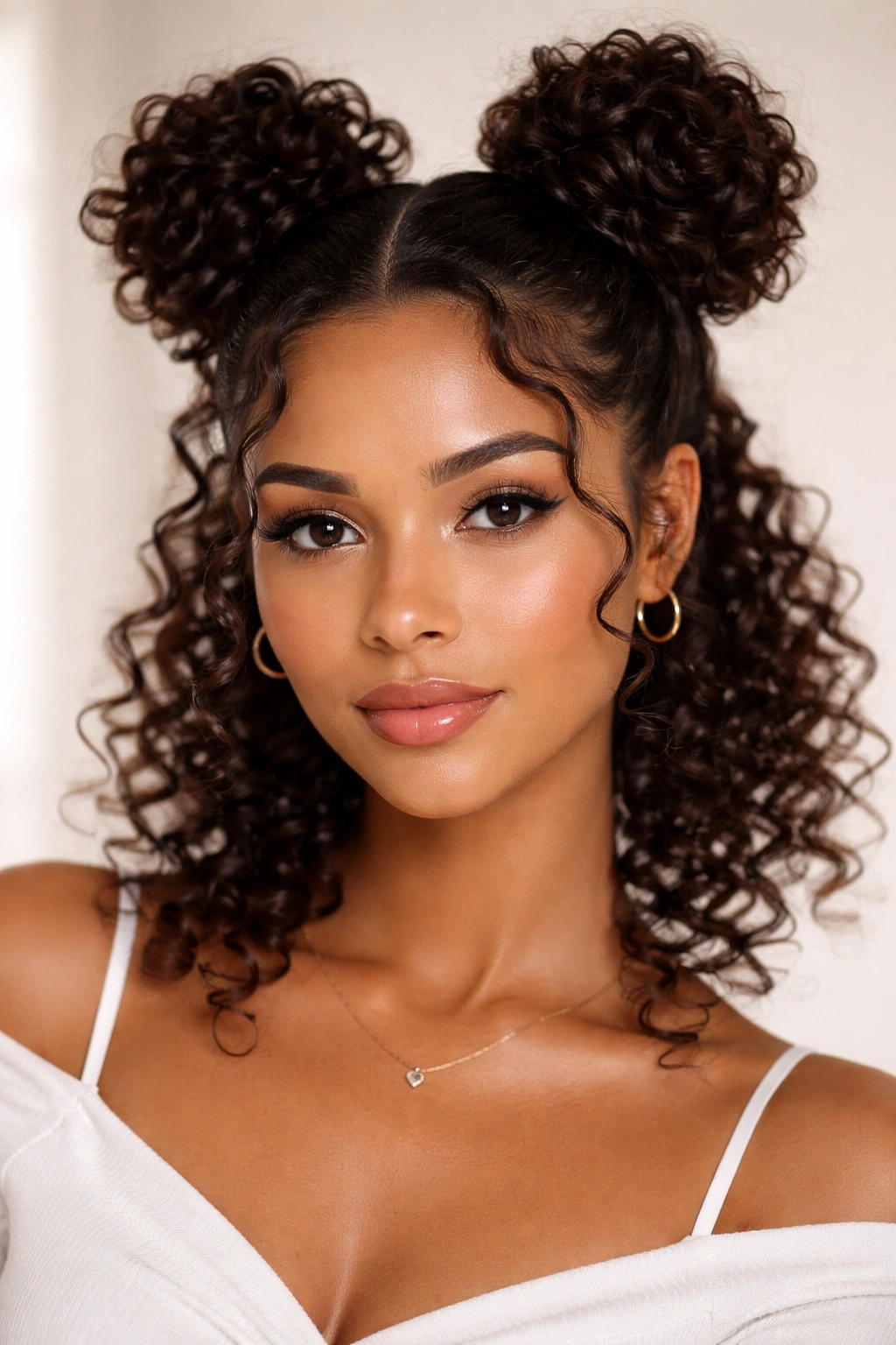 Double space buns with curly ends and temple curls