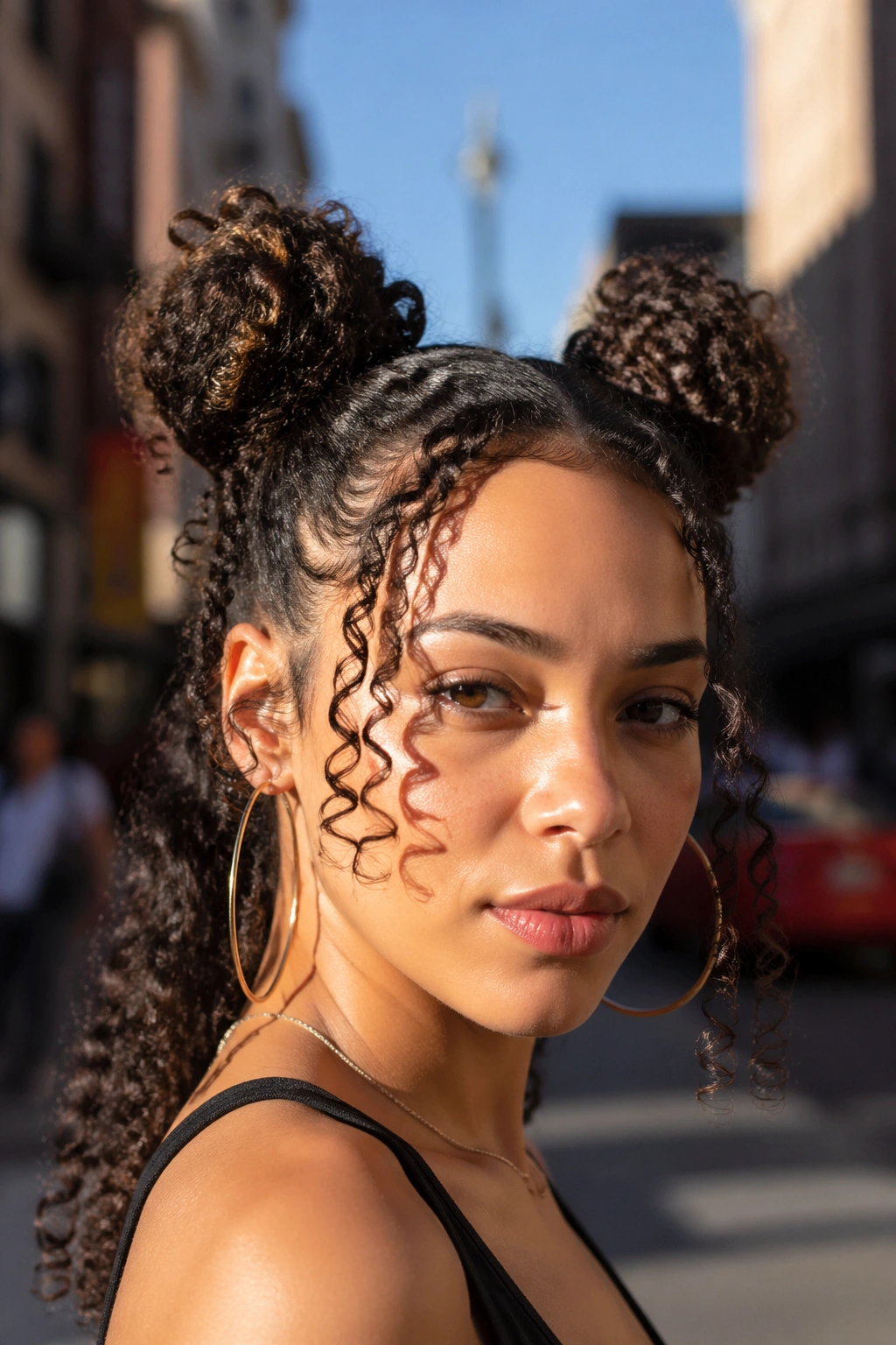 Close-up of a real woman with double space buns