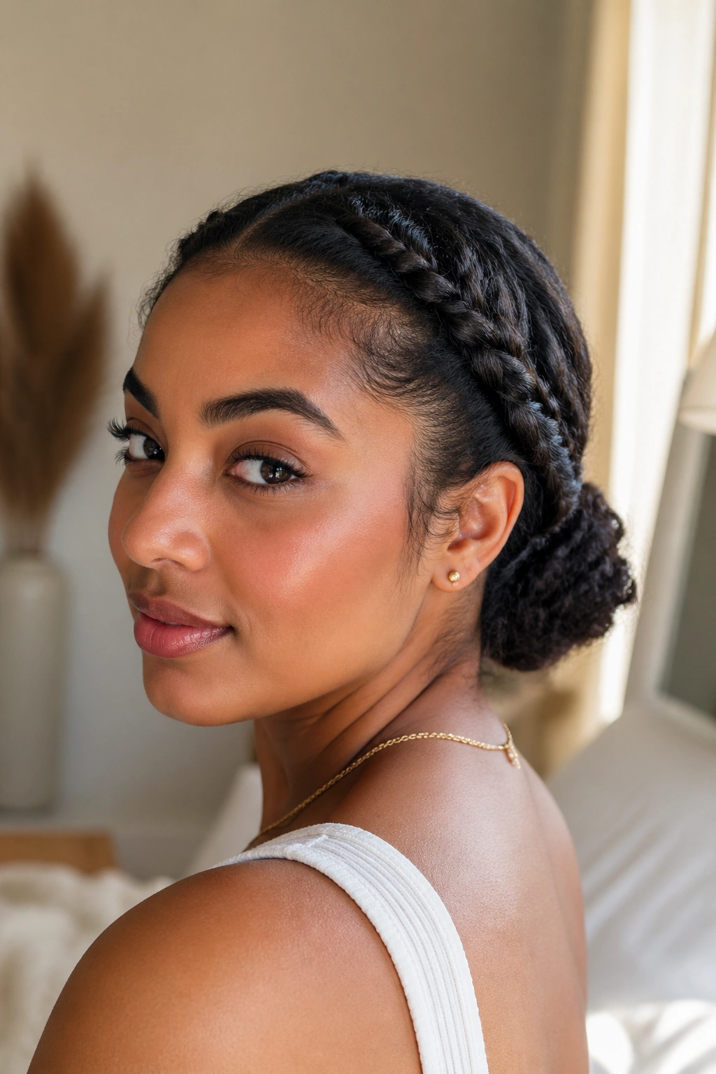 Close-up of a real woman with a double twist low bun at the nape