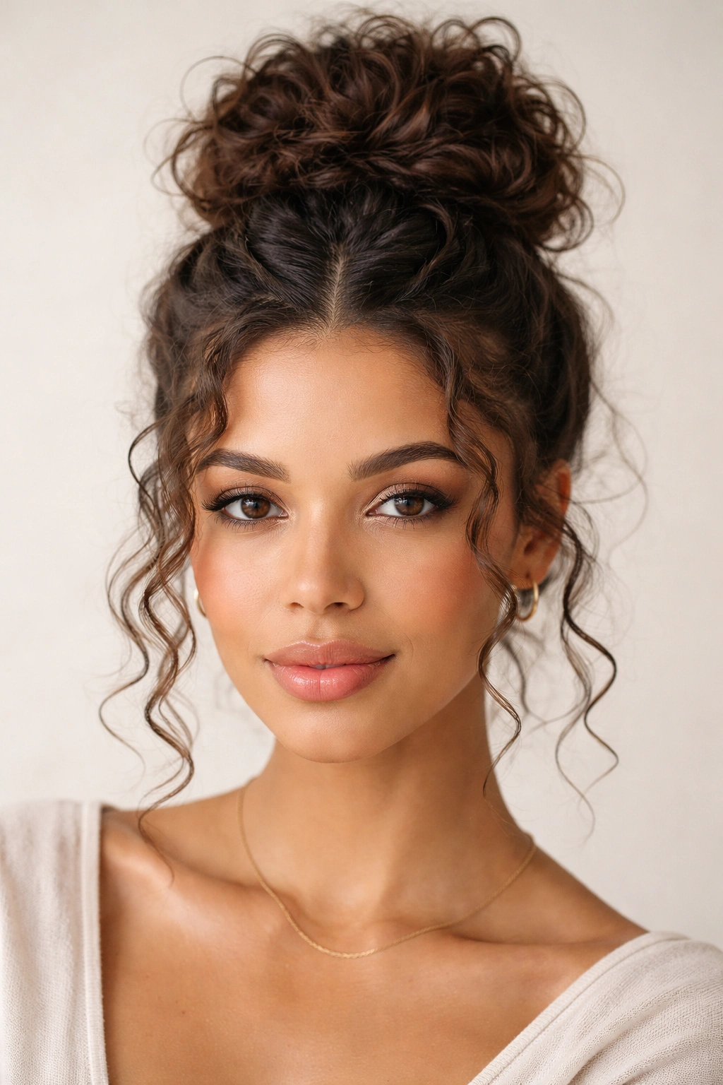 Close-up of a curly crown bun formed by two front twists lifting the hairline