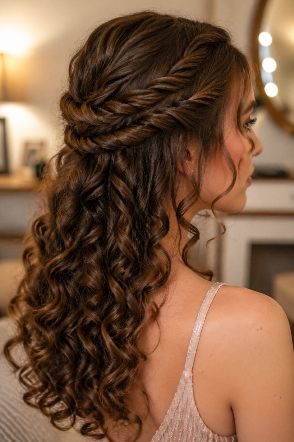 Close-up of real woman with two rope twists half-up hairstyle