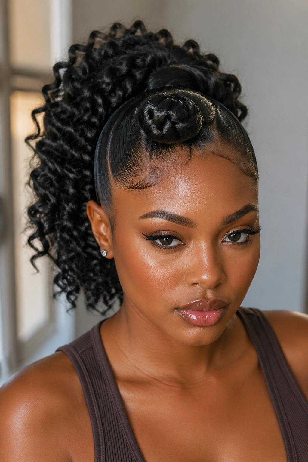 Portrait of a real person with curled drawstring ponytail and front knot.