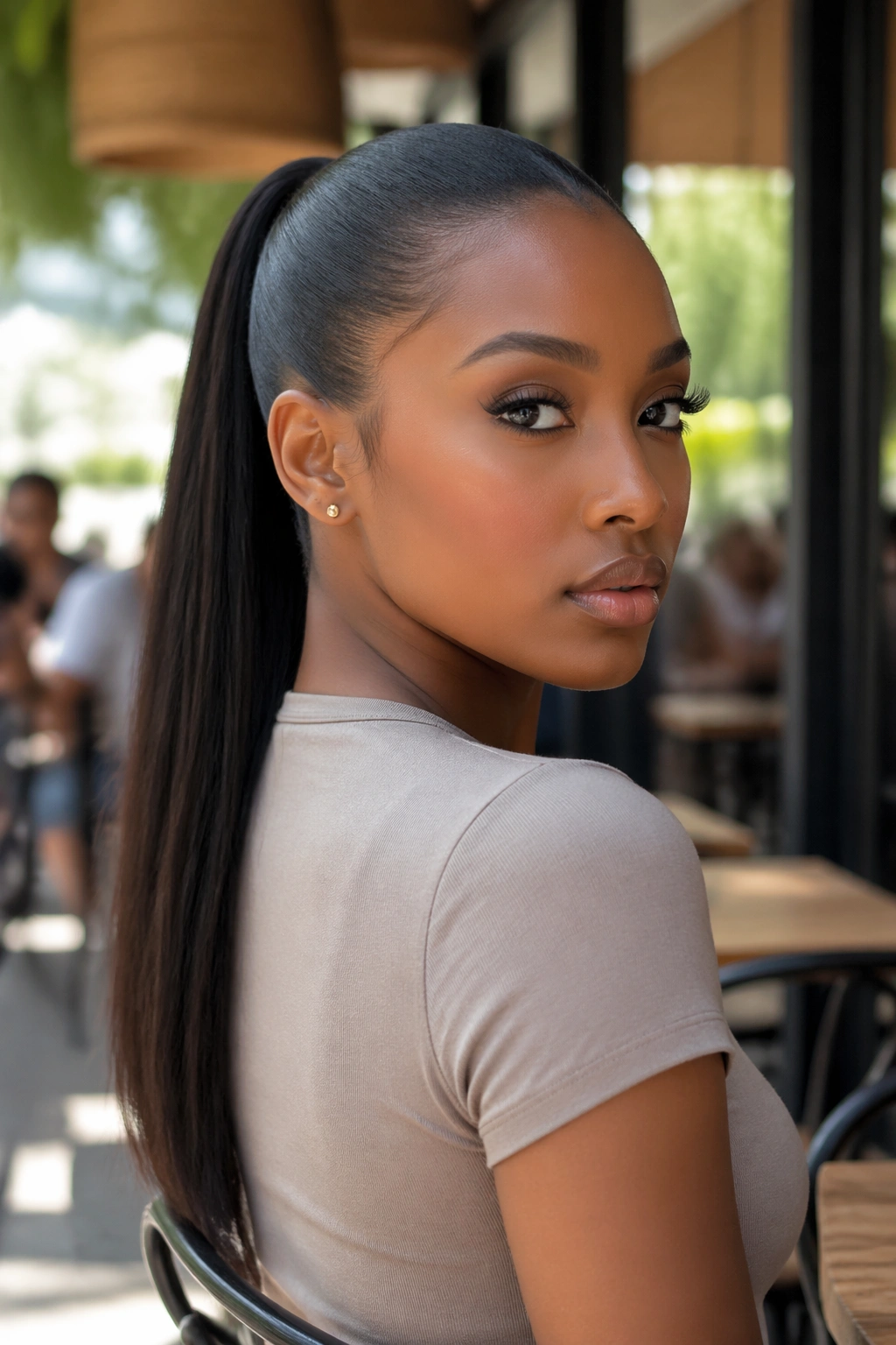 Close-up portrait of a real woman wearing a straight drawstring ponytail with a flat crown base in natural outdoor light