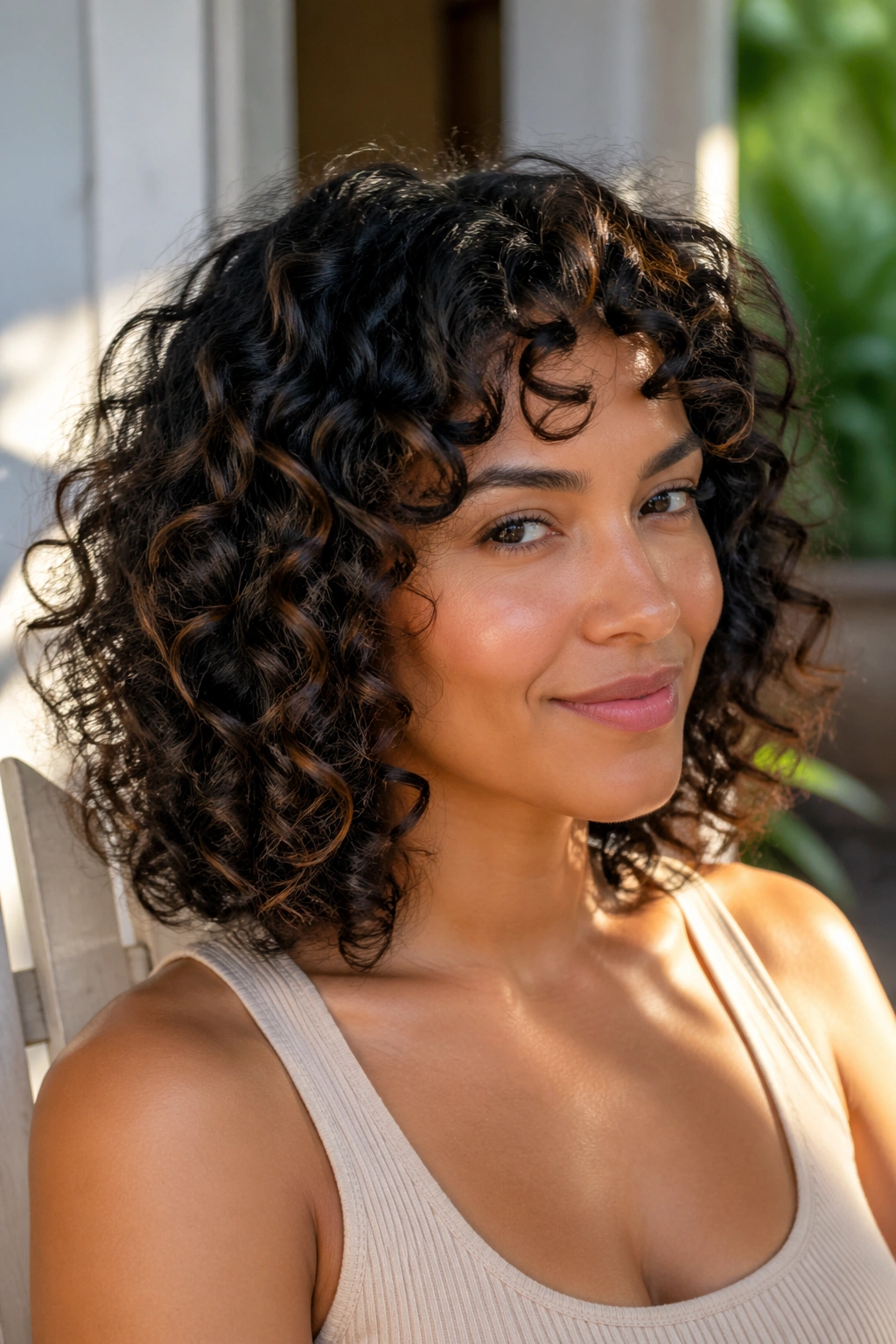 Close-up of real woman with curly lob that keeps curl shape, natural light