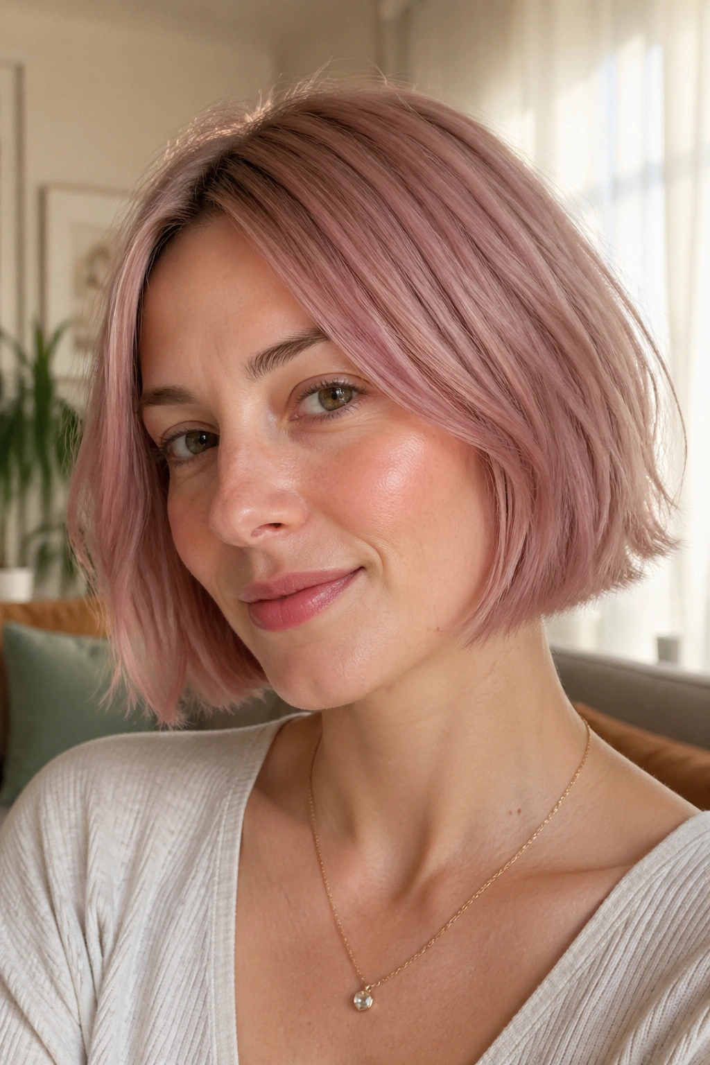 Close-up portrait of a real woman with dusty pink chin-length bob in a sunlit room