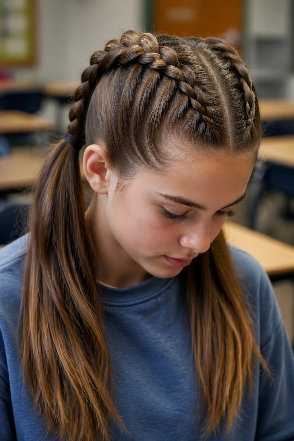 Close-up of a real student with Dutch braided double ponytails.