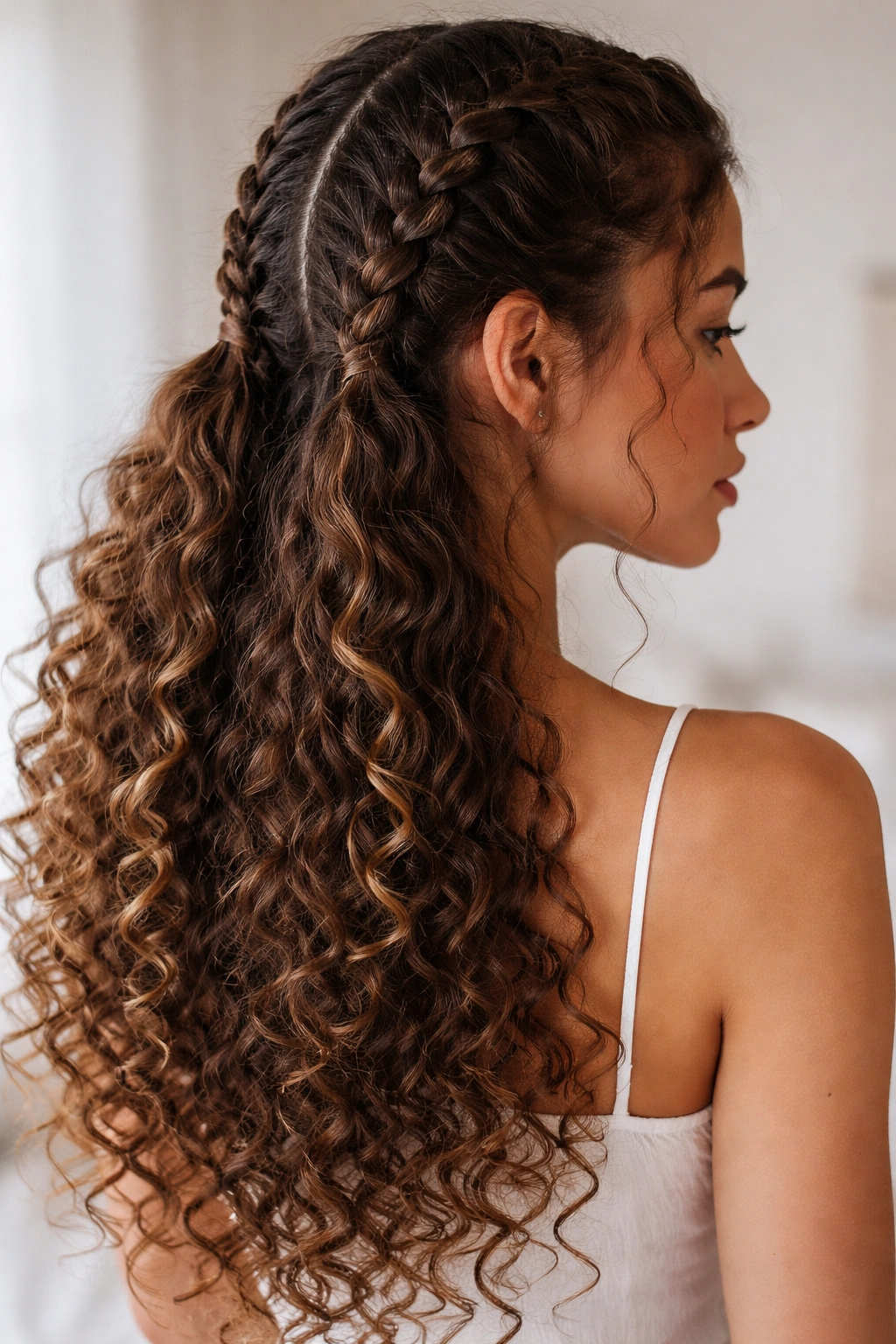 Close-up of Dutch braids at scalp with loose curly ends