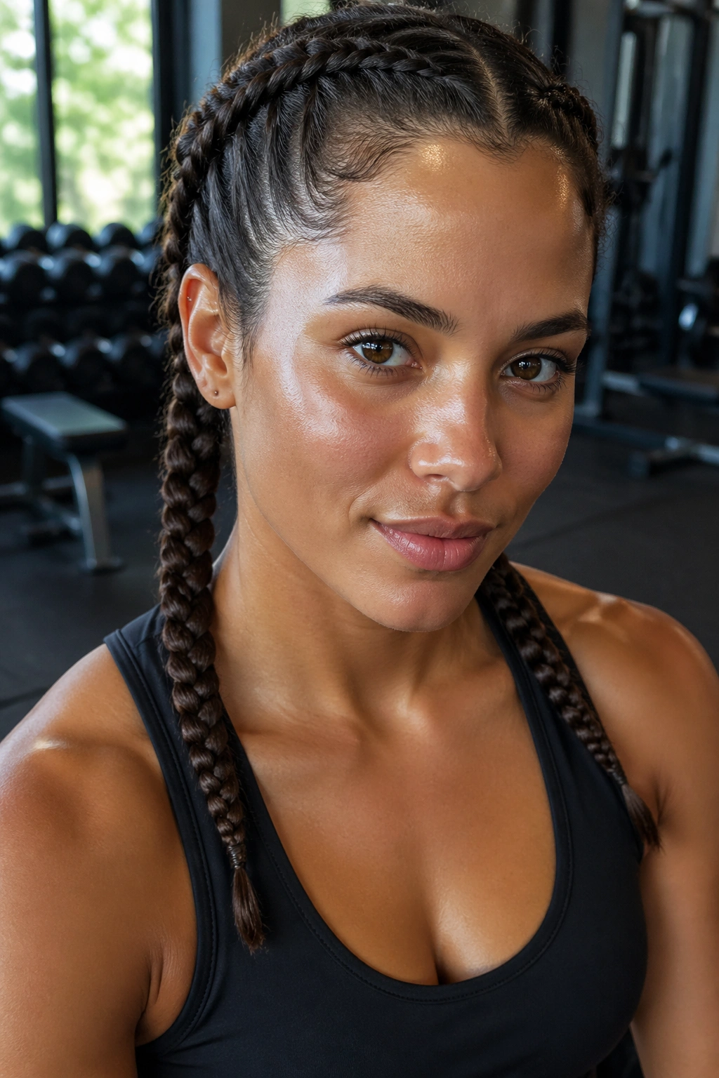 Real woman with two Dutch braids in gym setting.