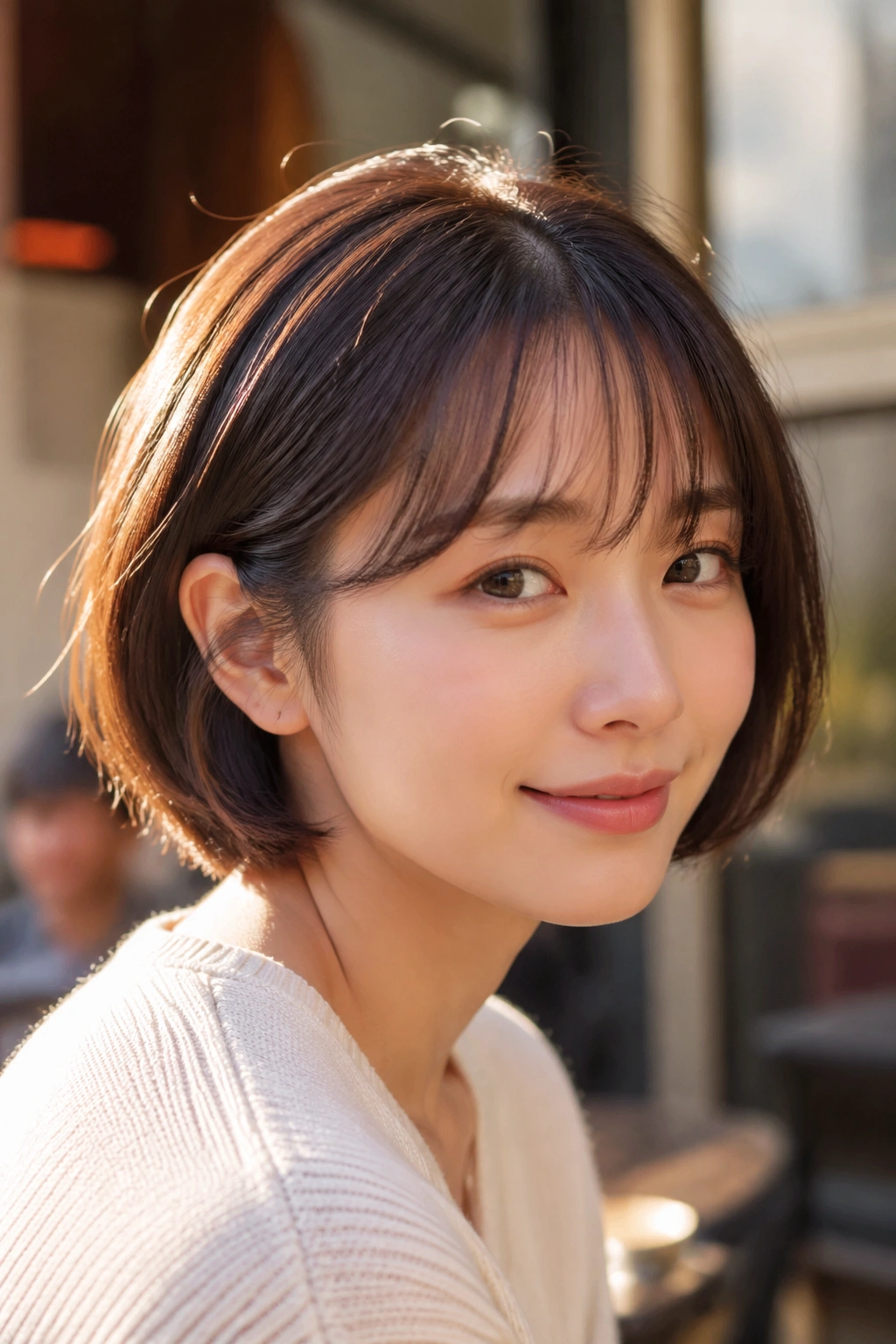 Close-up of a real woman with an ear-tucking bob and light bangs in golden hour light