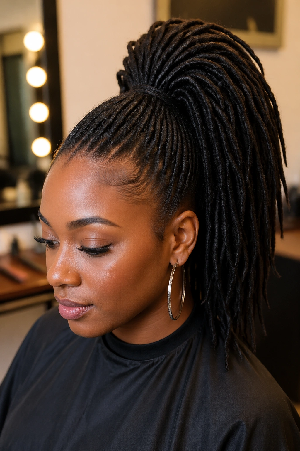 Close-up portrait of a real woman wearing a wig-style ponytail extension with elastic base at the crown in a salon