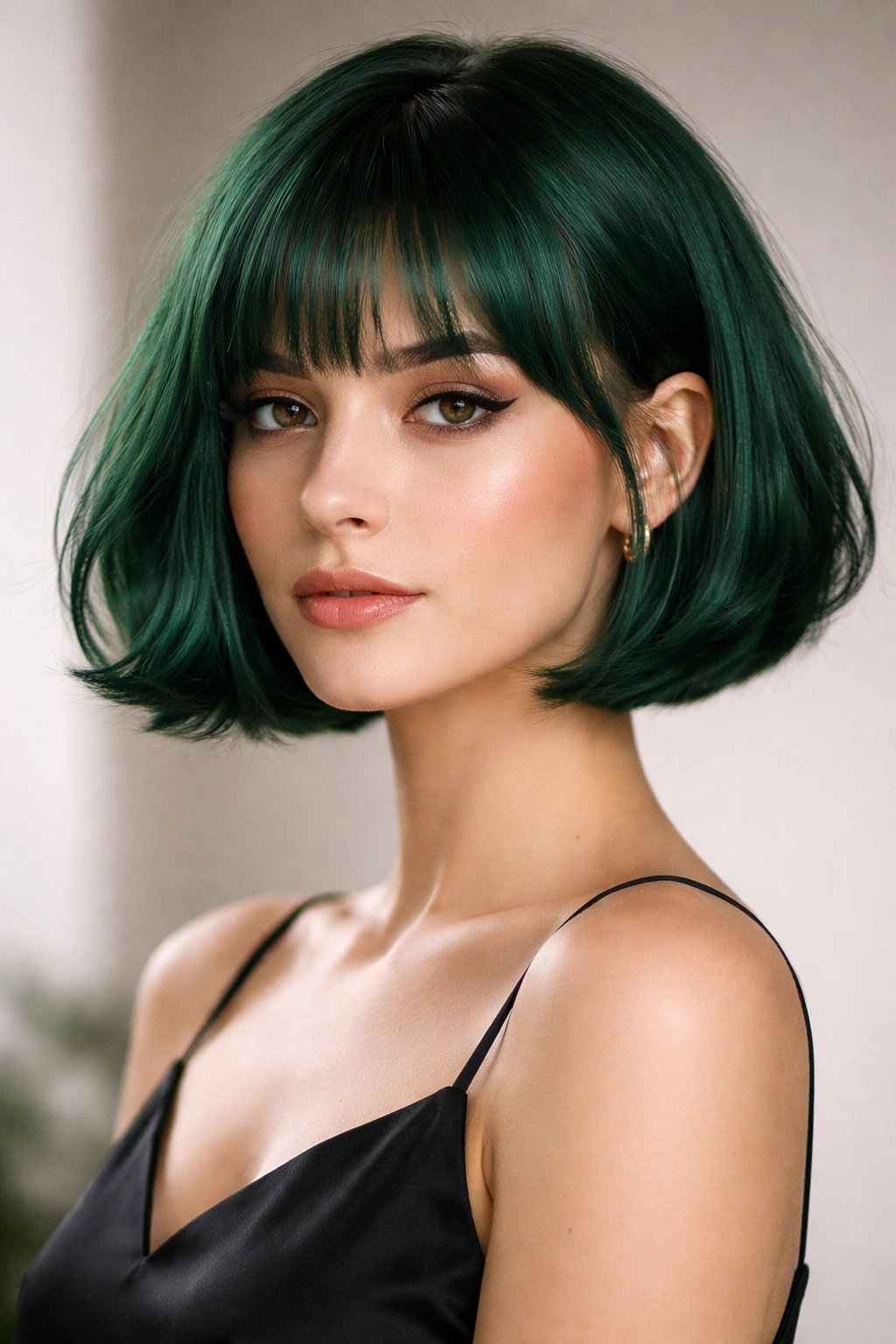 Emerald green jaw-length French bob with blunt edge and soft fringe