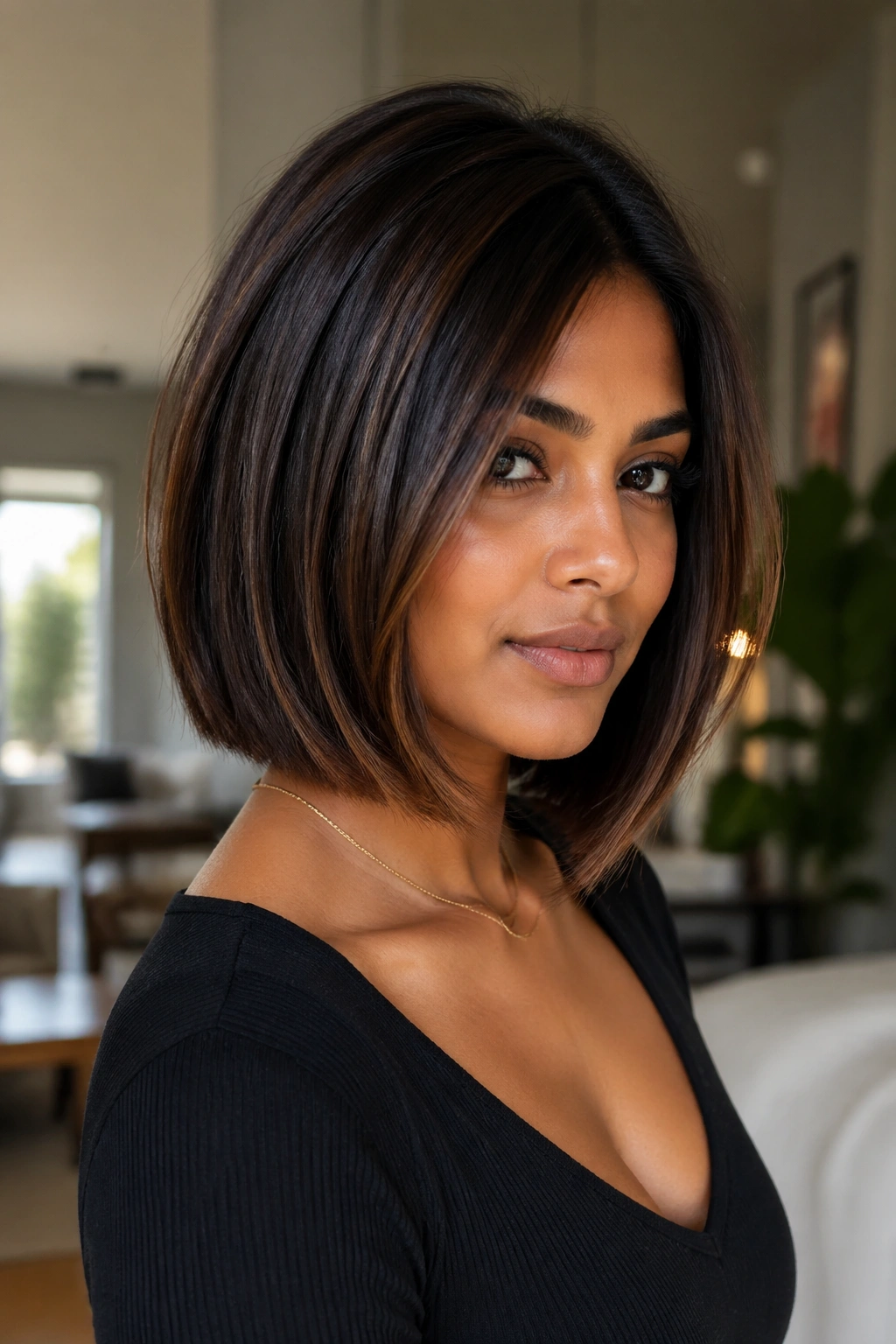 Portrait of a real woman with espresso mocha balayage on an A-line bob with deep skin tone