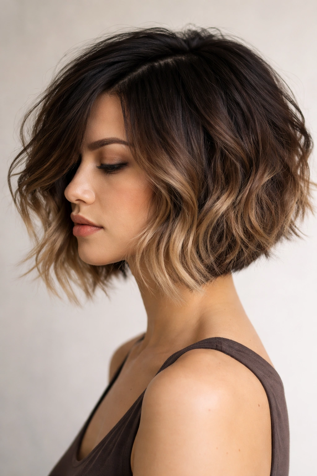 Close-up of a tousled bob with espresso to mocha ombre showing gradual color shift and texture