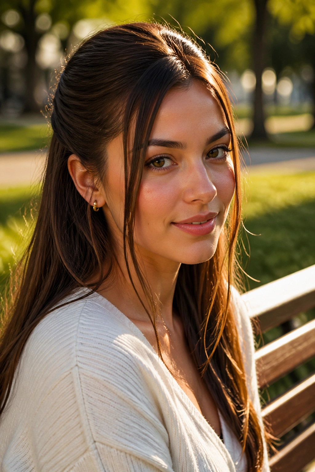 Close-up of a real woman with extended face-framing strands in a half-up hairstyle