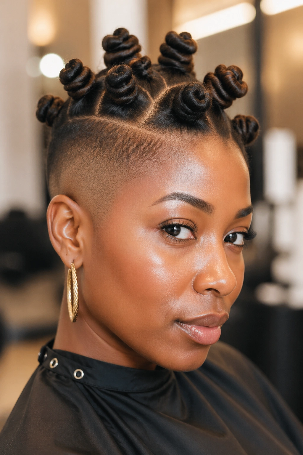 Close-up of extension-wrapped Bantu knots over a clean undercut