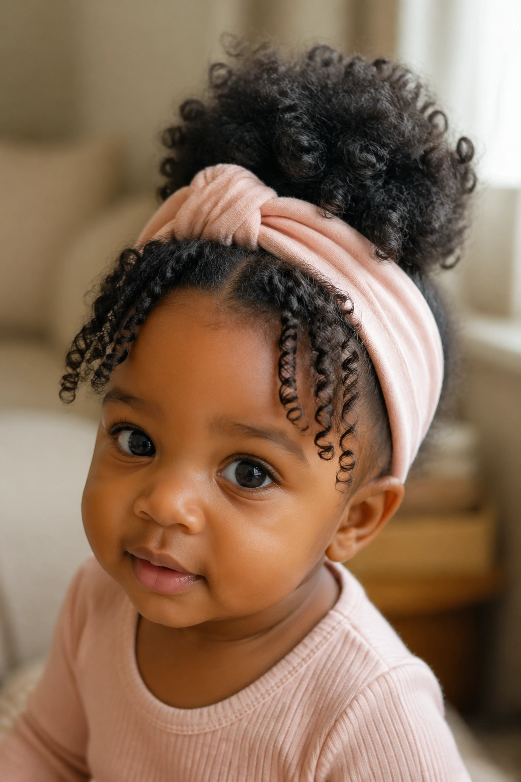 Close-up of a real baby girl wearing a fabric headband puff with curly front pieces
