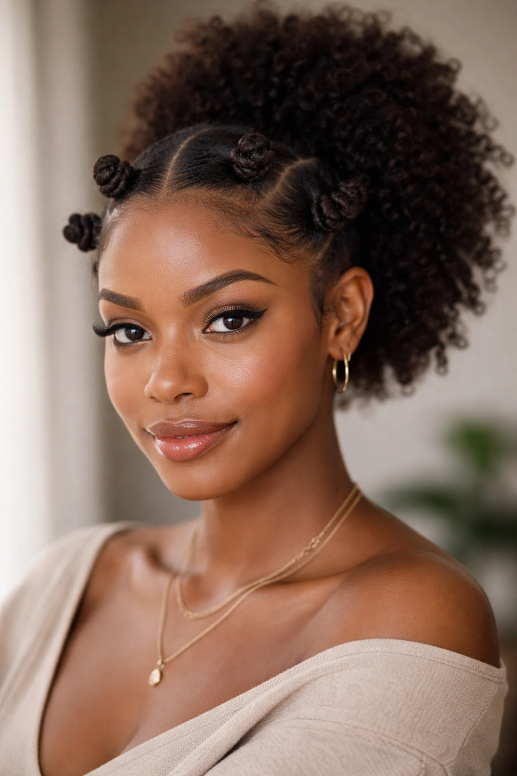 Close-up of face-framing bantu knots around temples forming a soft facial frame