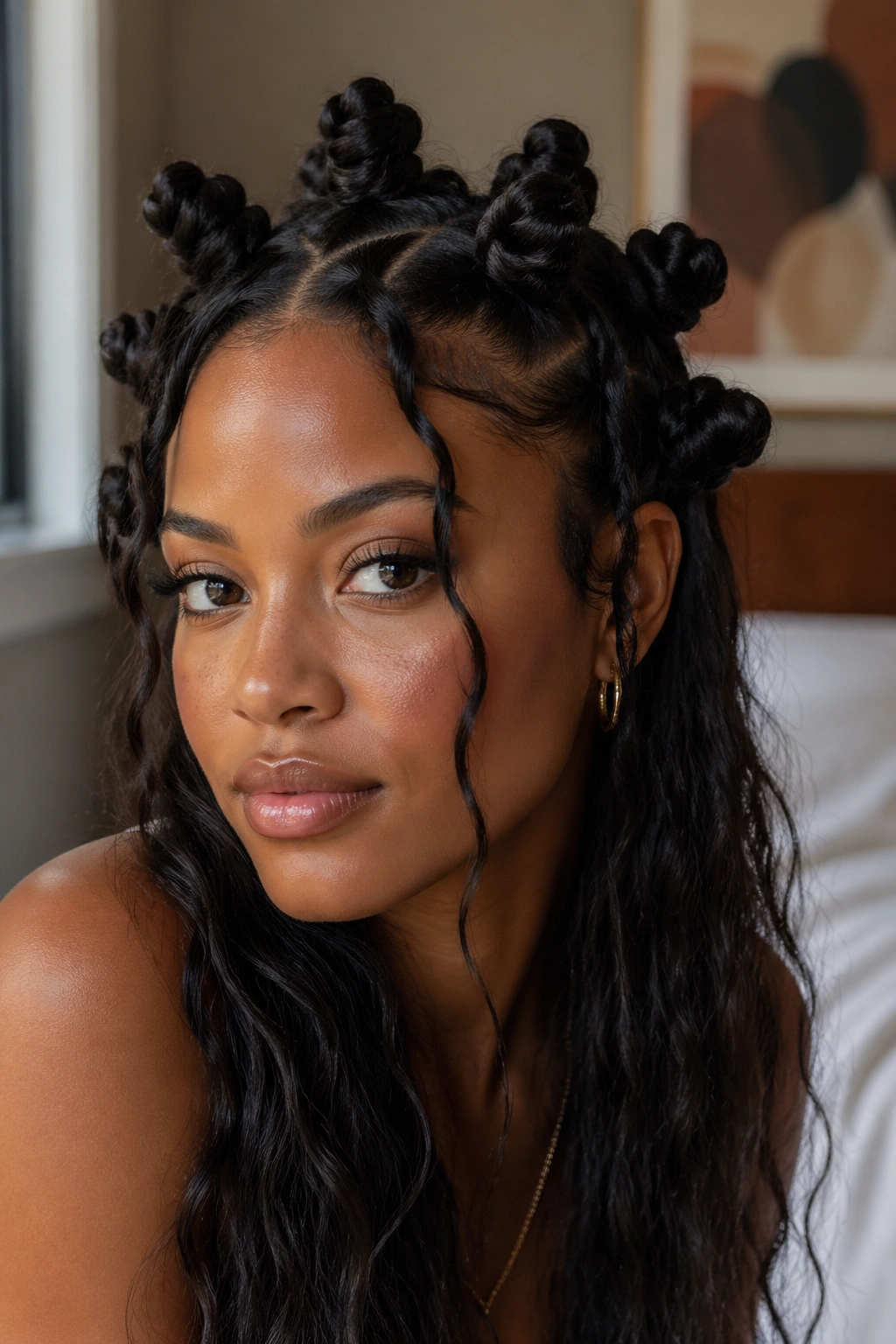 Close-up portrait of a real woman with loose face-framing pieces and crown Bantu knots in warm window light