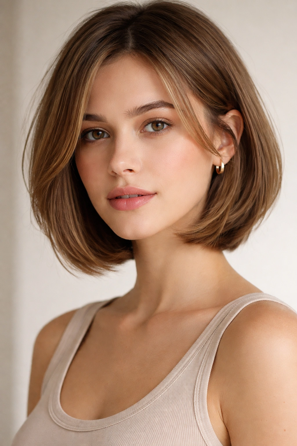 Close-up of a chin-length face-framing bob with light interior layers and soft front pieces