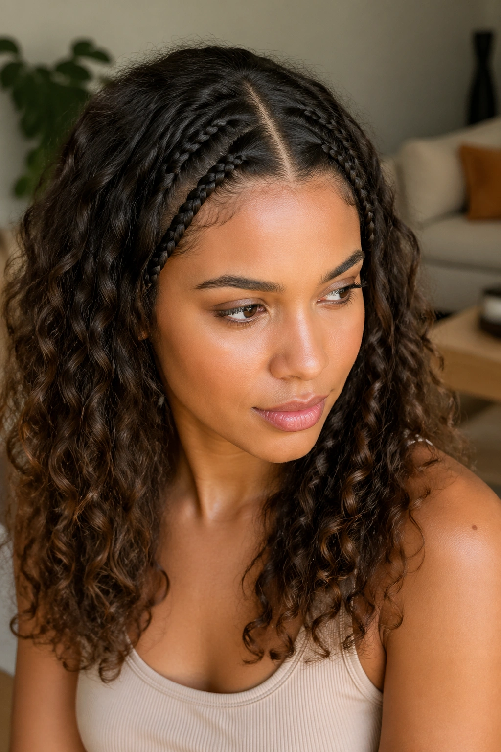Close-up of a real woman with two slim face-framing braids from a center part