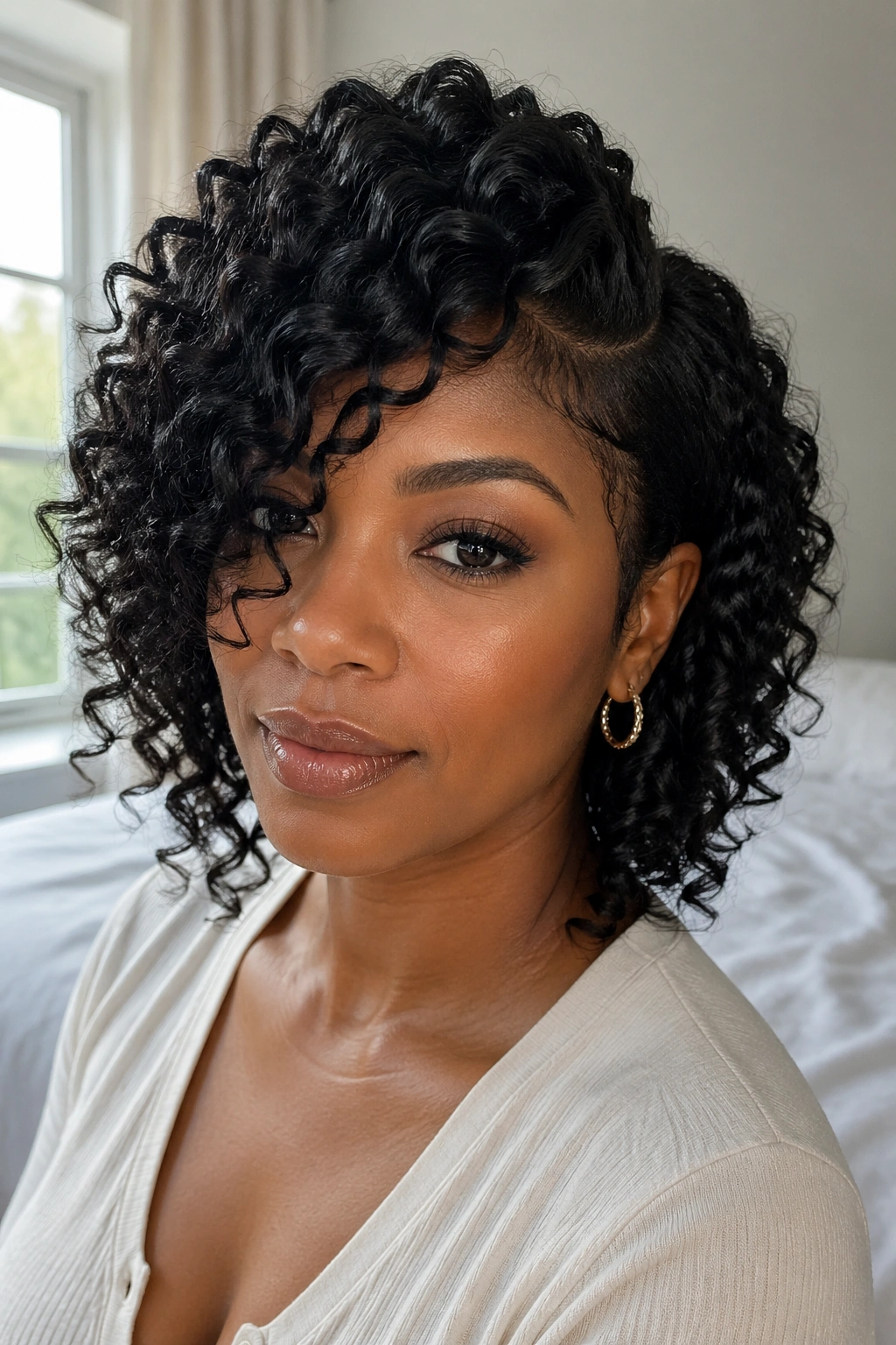 Close-up of a real woman with face-framing side-swept crochet curls sweeping across the forehead