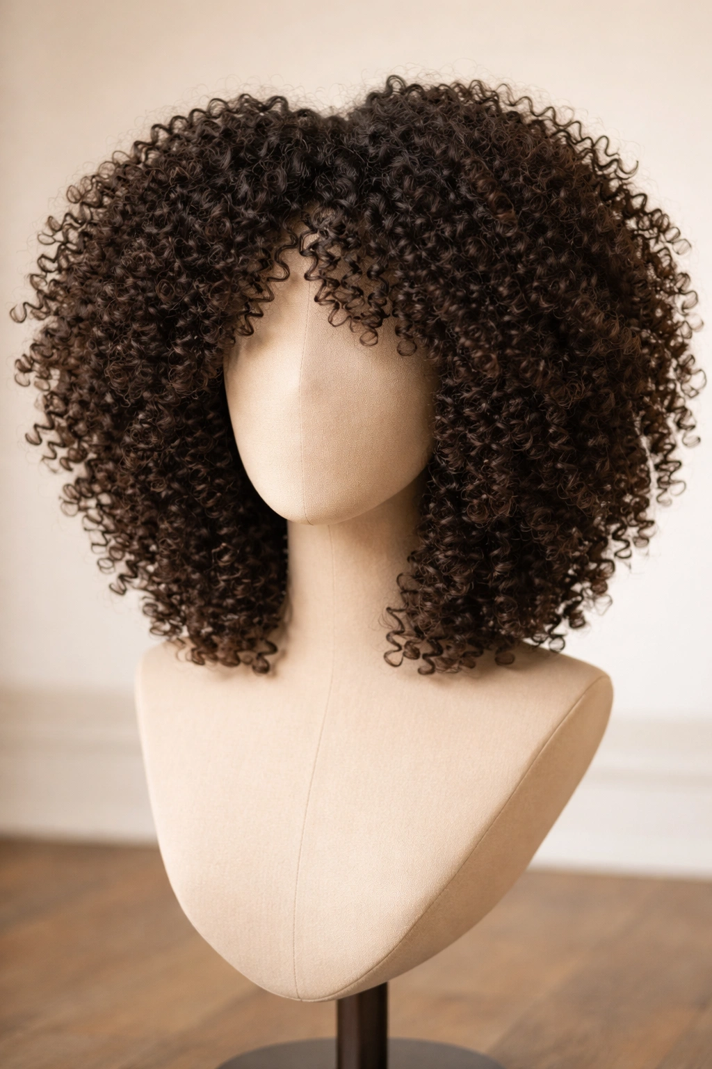 Face-Framing Curl Afro Wig with shorter front pieces framing the jaw on a head form