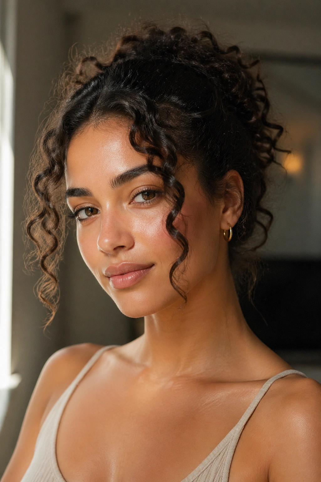 Real woman with face-framing curl pieces around the cheeks