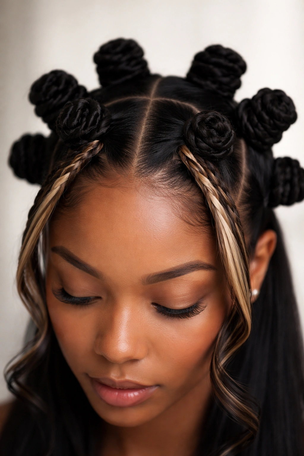 Close-up of face-framing highlight knots along the front hairline