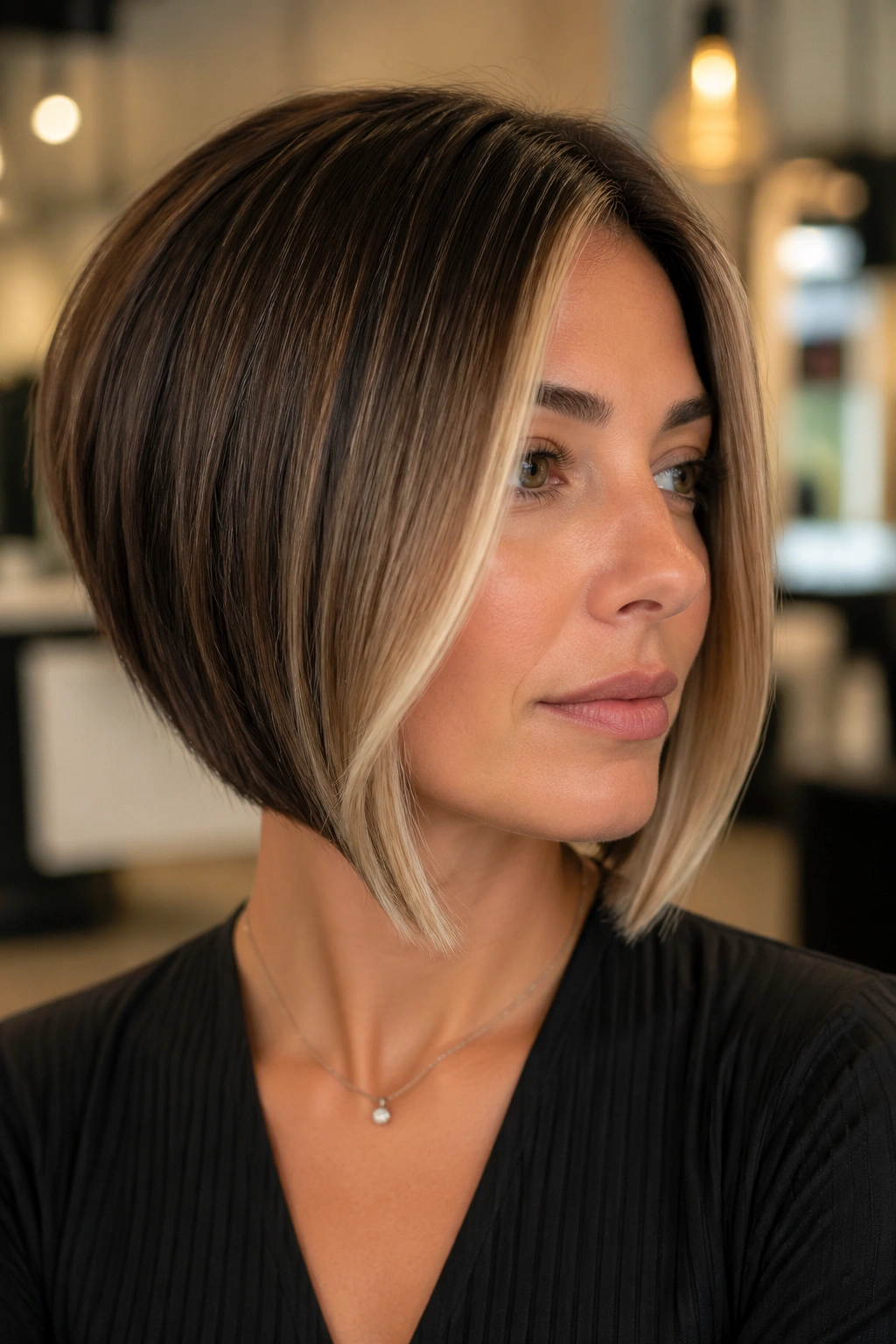 Close-up of a real woman with face-framing highlighted inverted bob showing sharper angle.