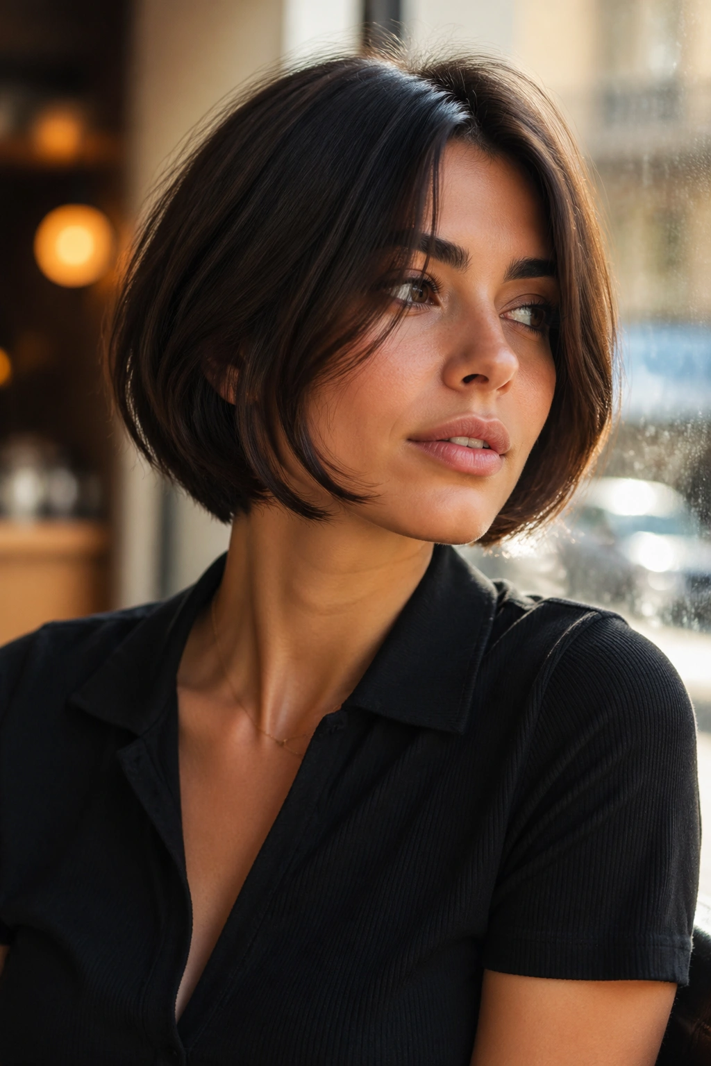 Close-up of real woman with face-framing Italian bob