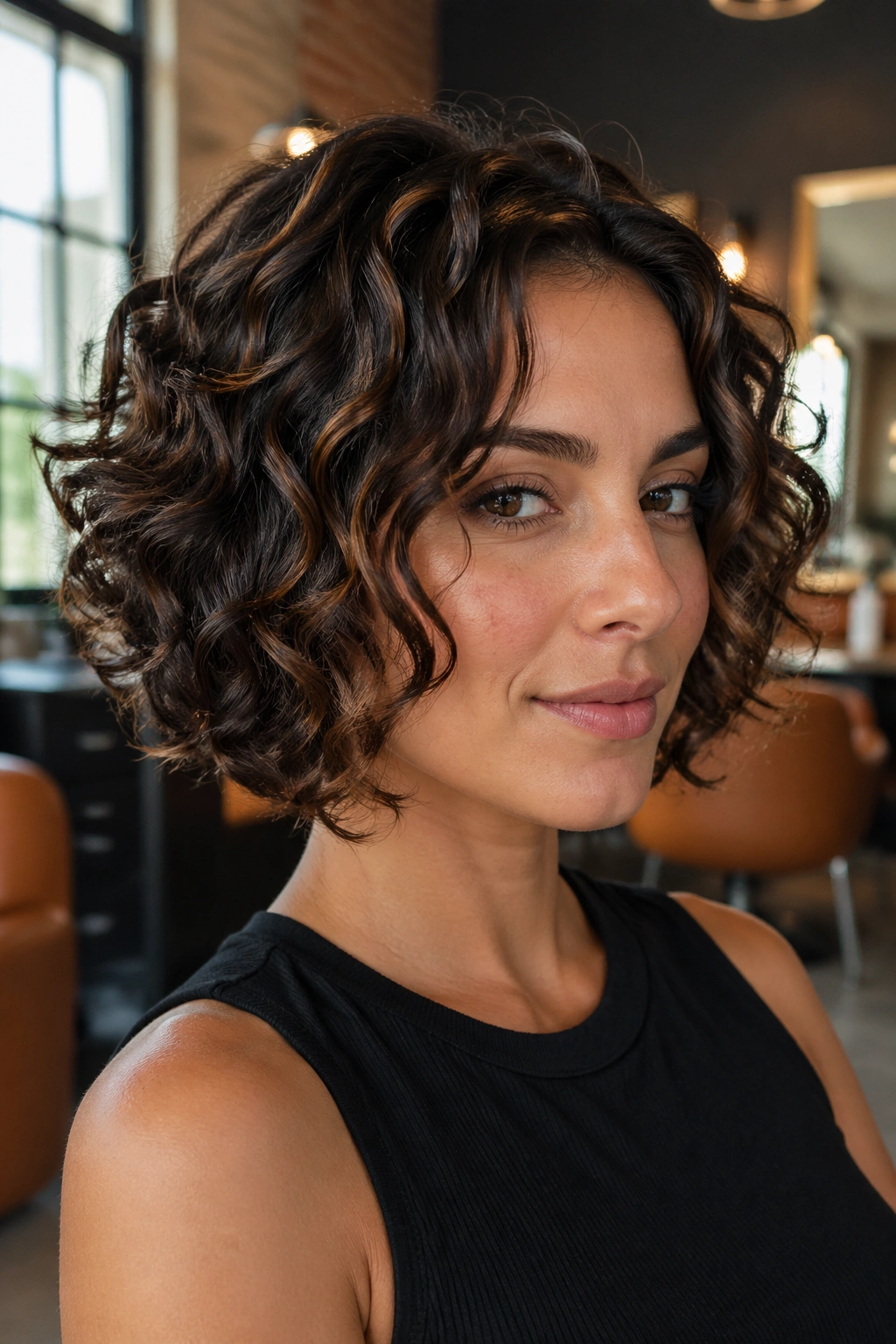 Close-up portrait of a real woman with cheekbone-length face-framing layered curls.