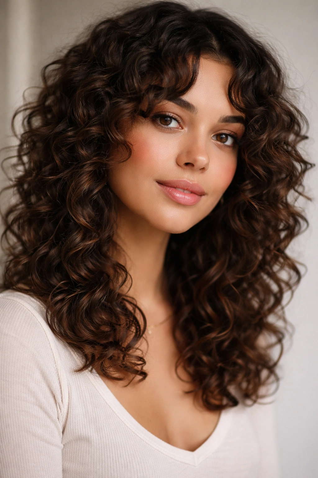 Head-and-shoulders view of face-framing curly layers