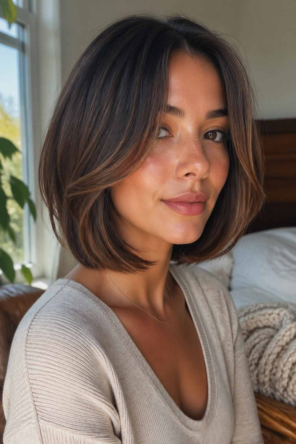 Close-up of a real woman with a face-framing lob and growing-out layers
