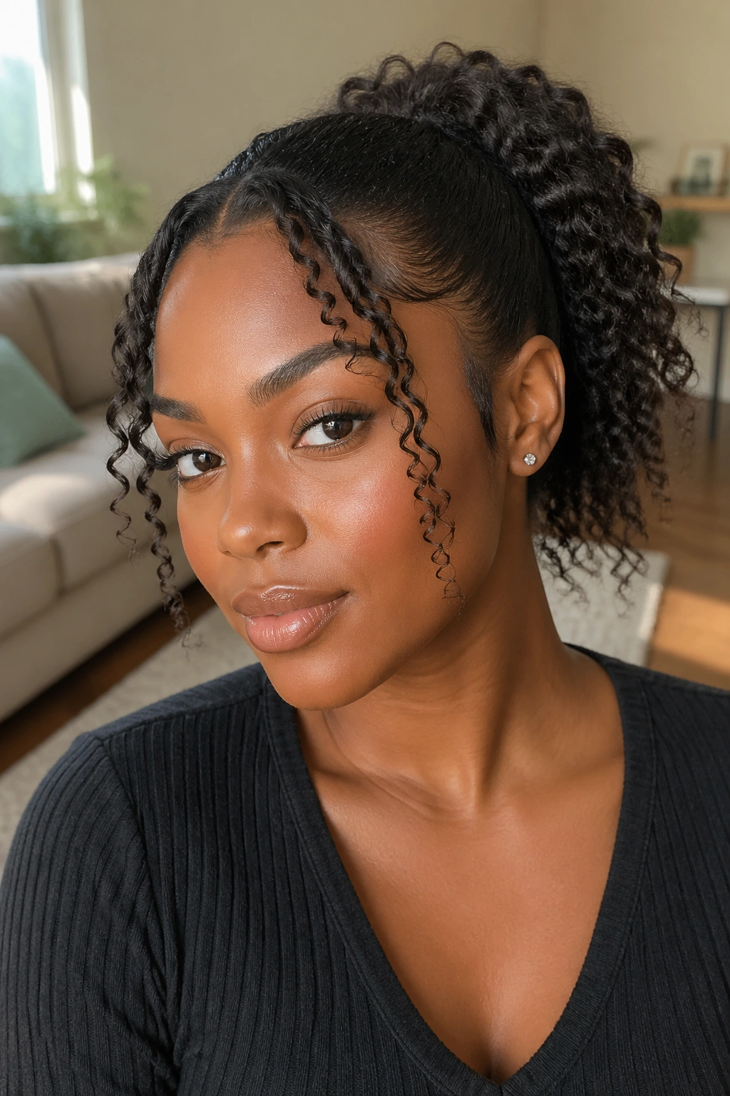 Close-up of a real woman with a face-framing ponytail and loose curls around the face