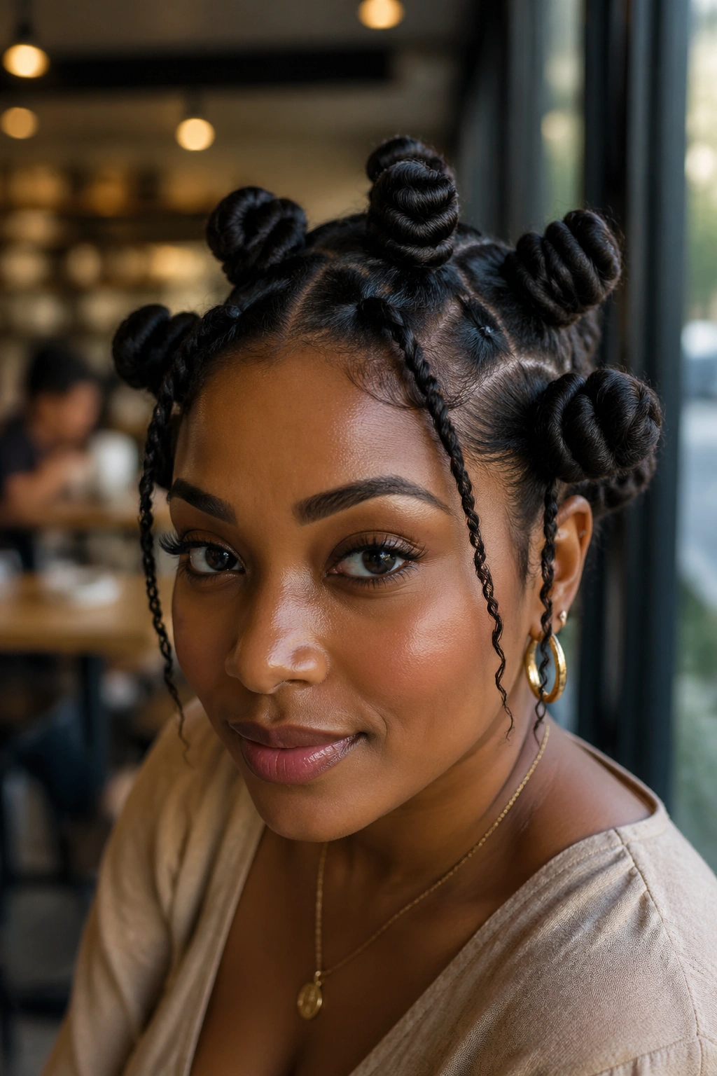 Portrait of a woman with face-framing tendrils from loose Bantu knots