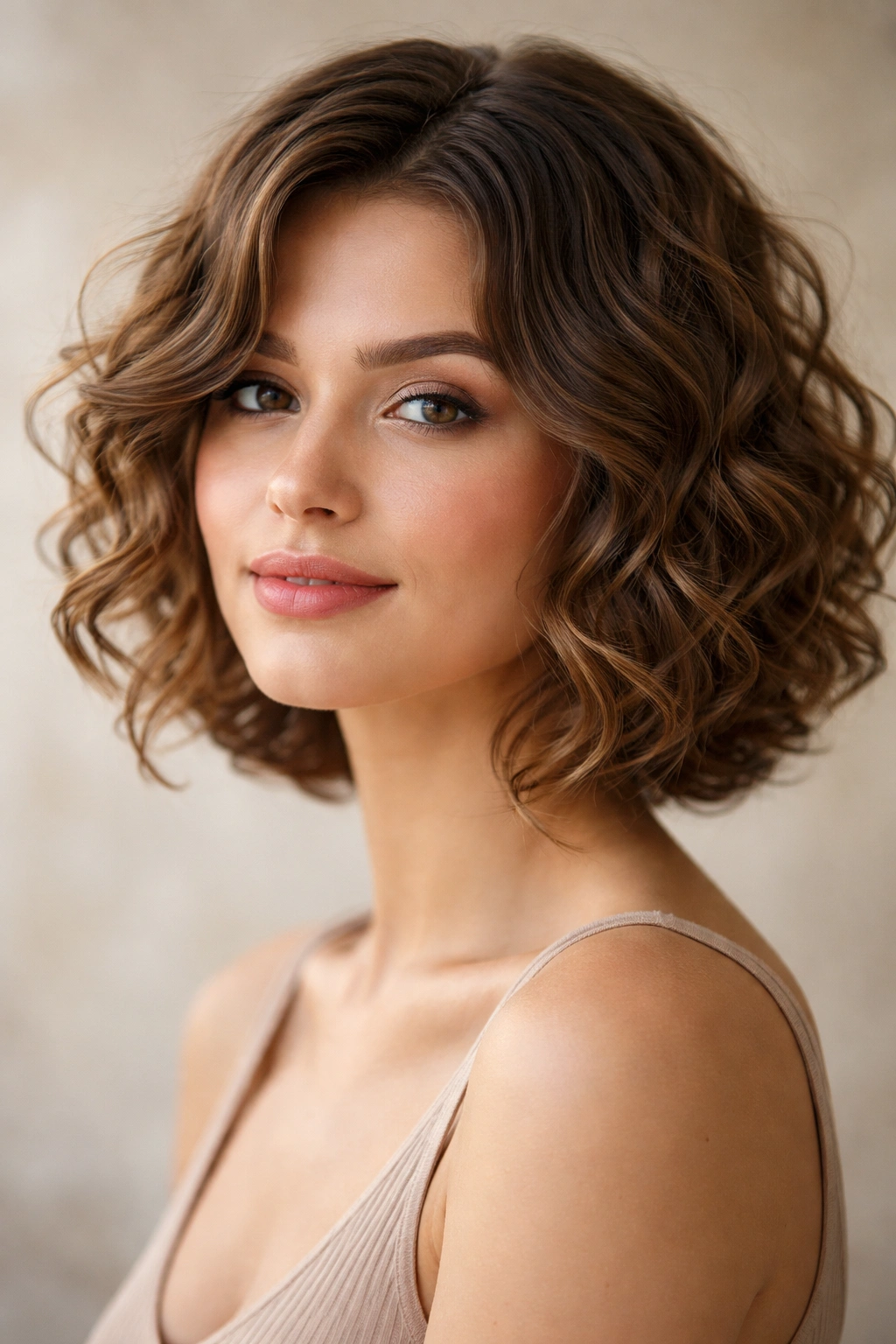 Close-up of curly bob with soft face-framing tendrils near the cheeks
