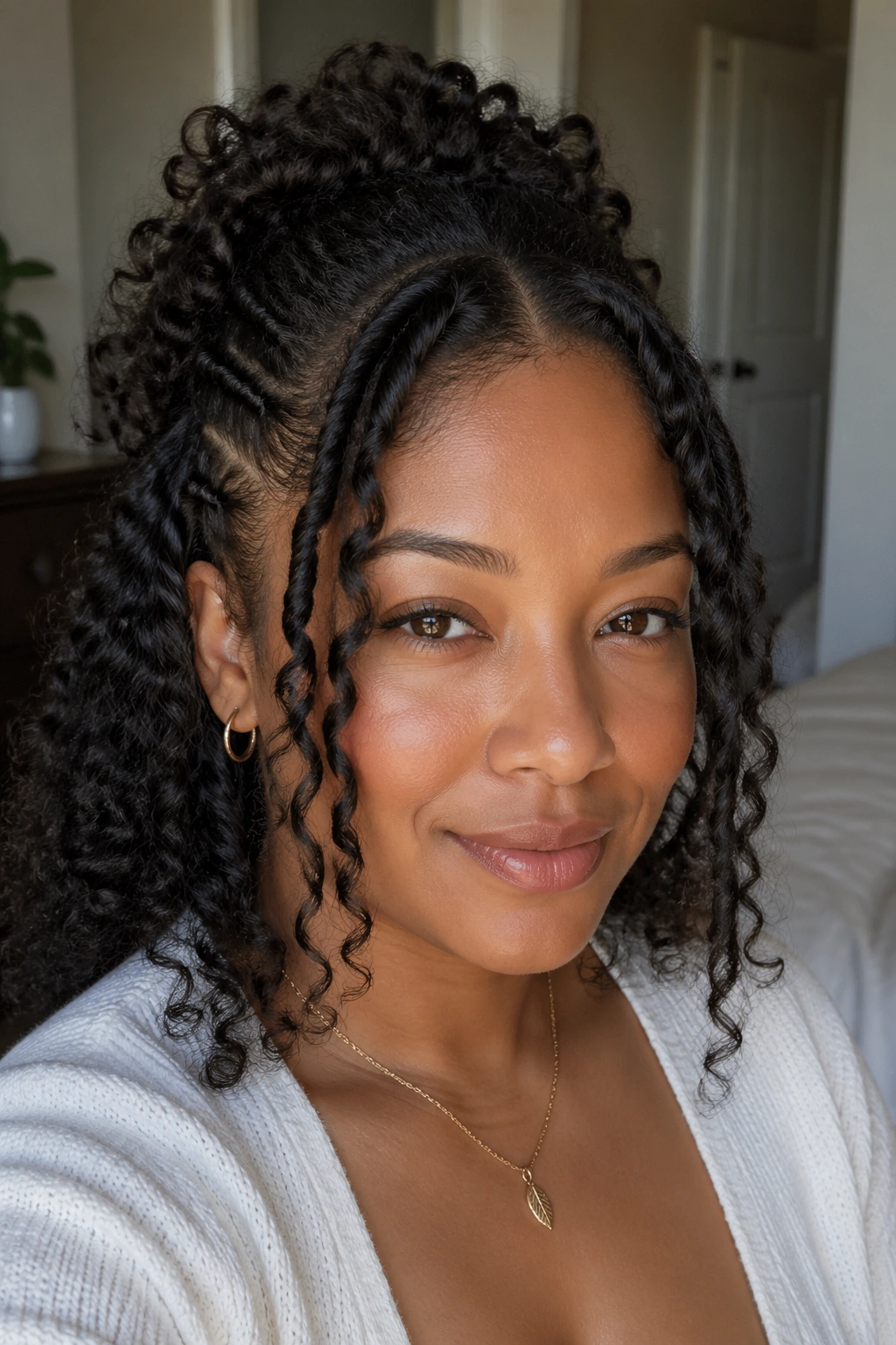 Close-up of a real woman with face-framing twists pinned at the crown.