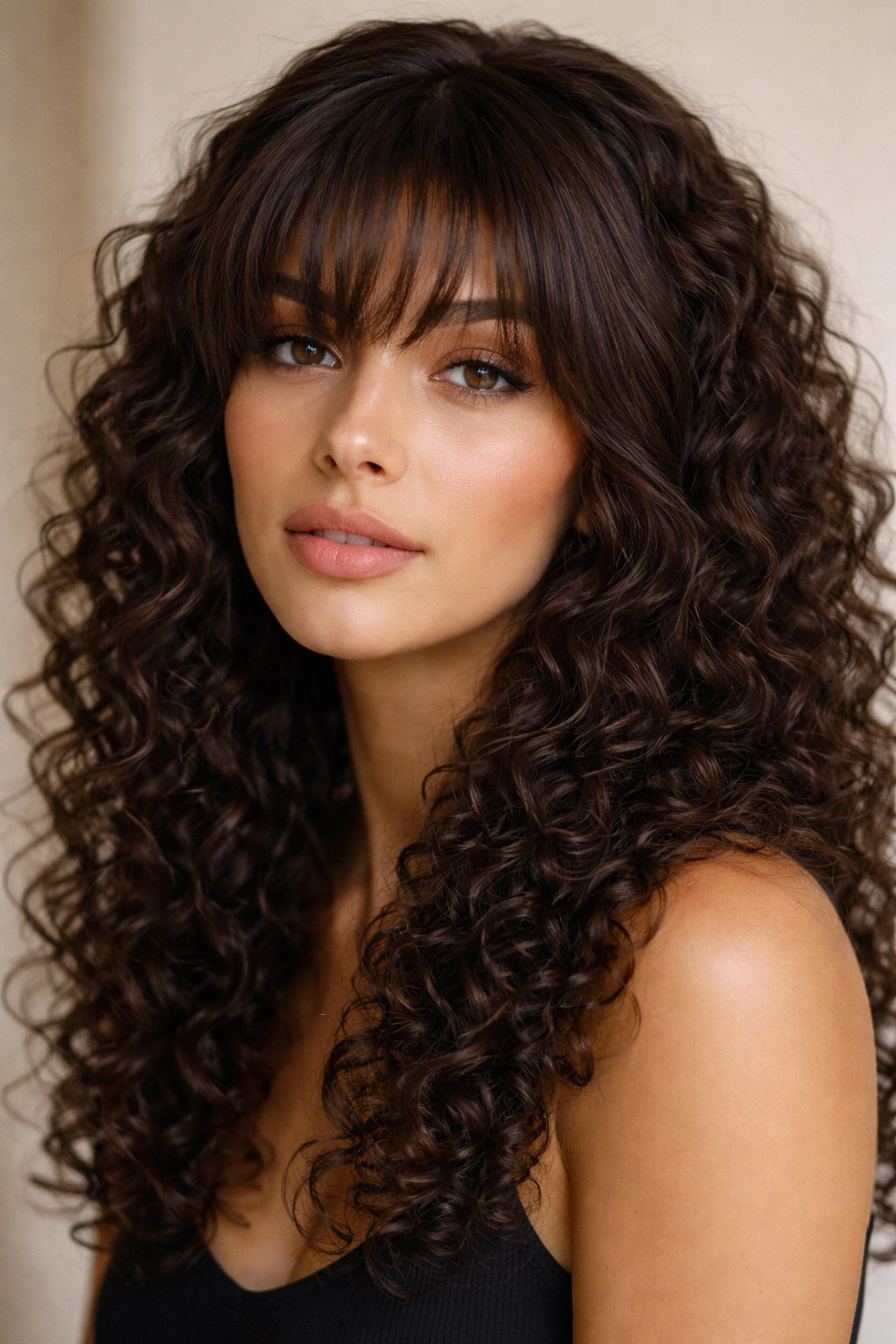 Close-up of a curly half-wig with soft curtain fringe framing the face