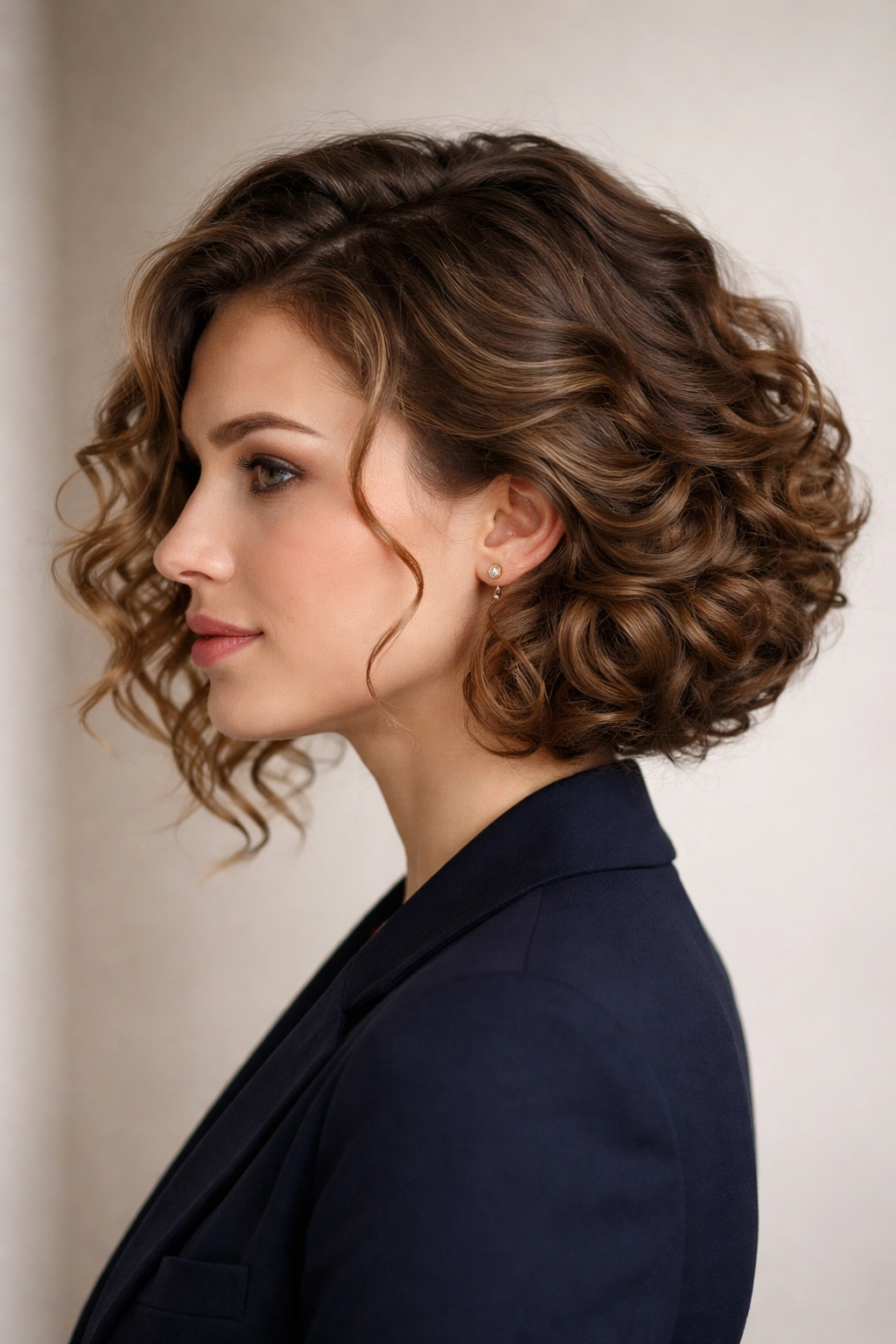 Side view of long curls tucked under to form a faux bob