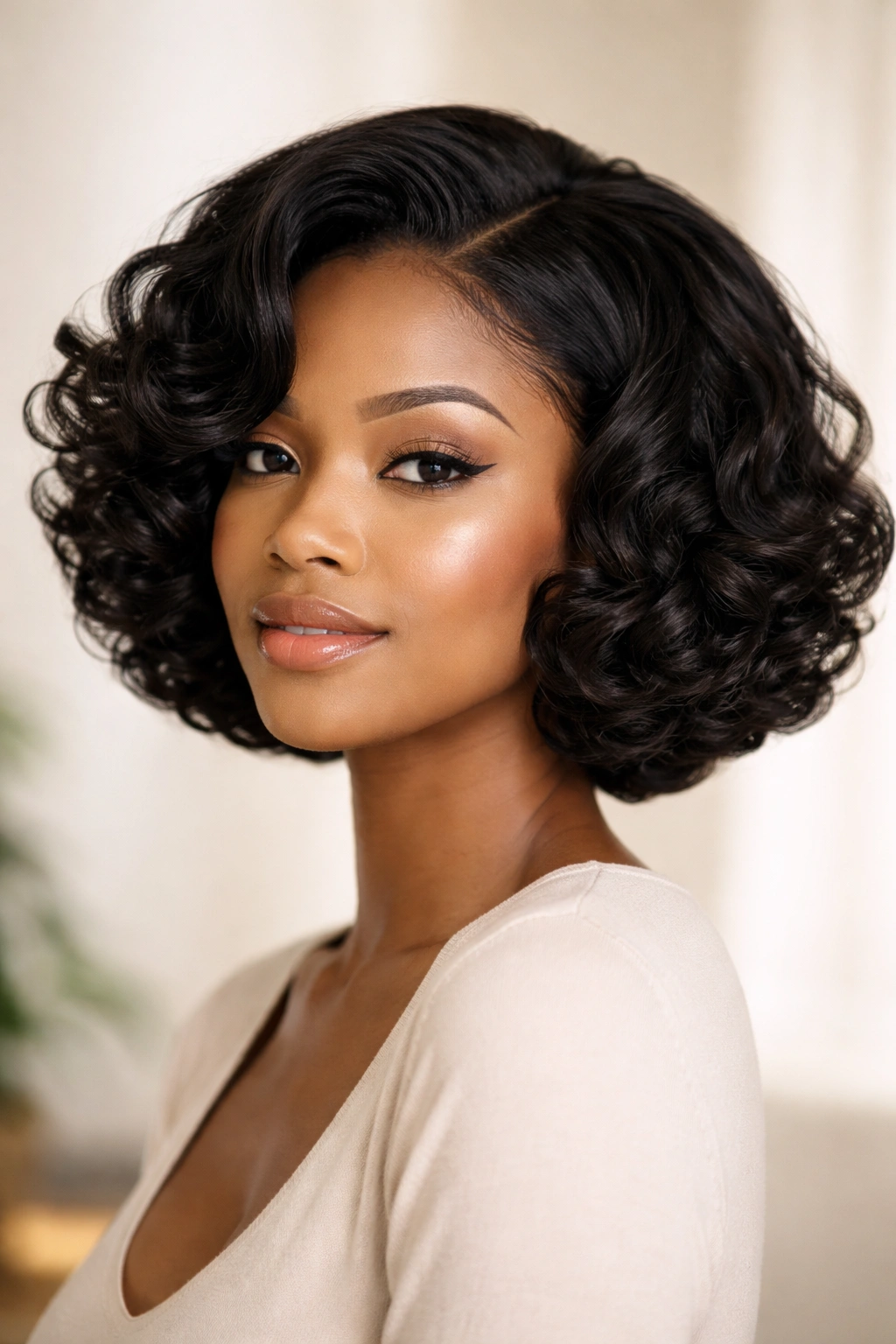 Faux bob created by tucking ends under for a curved silhouette
