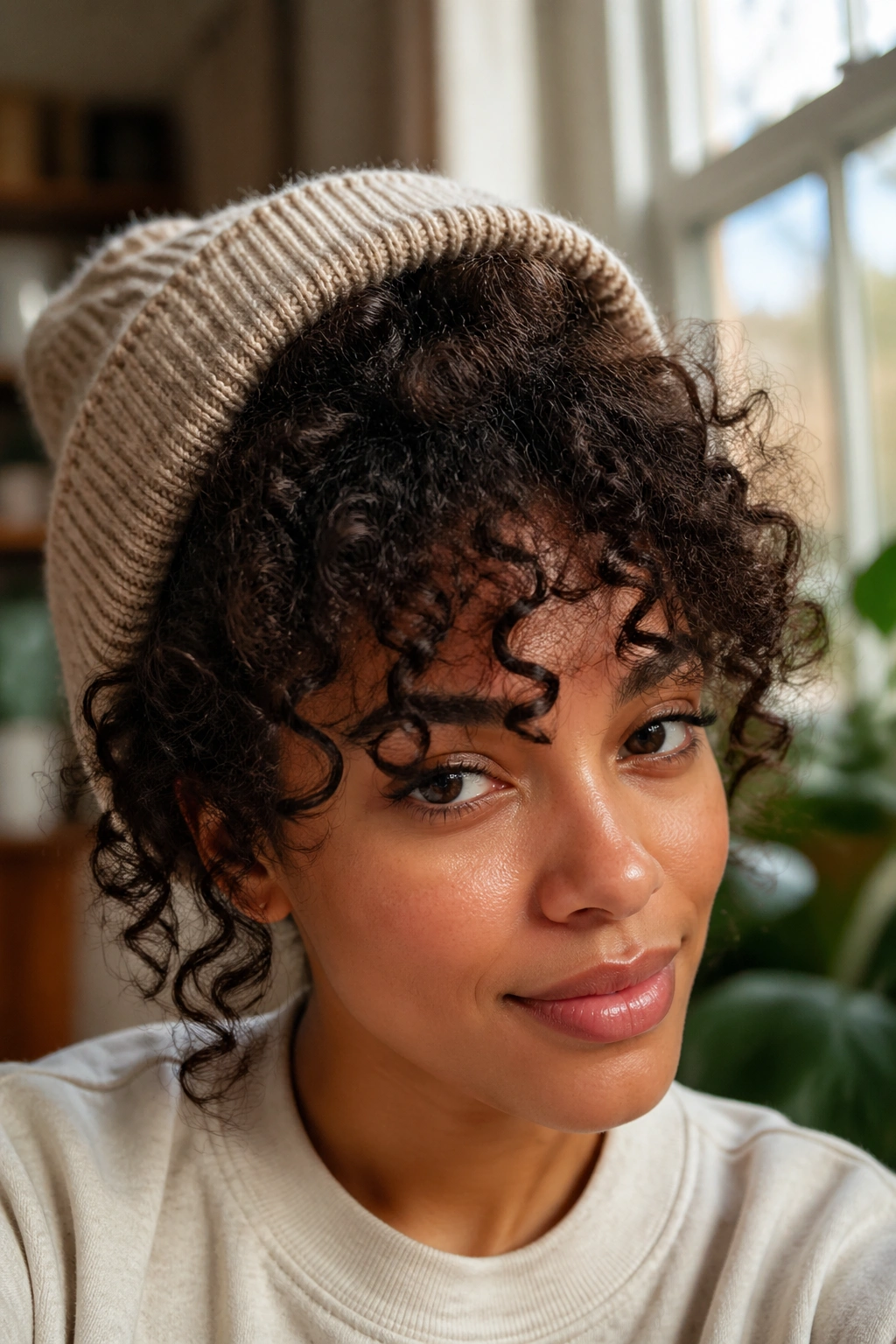 Close-up of a real person wearing a beanie showing a faux curly fringe with front curls