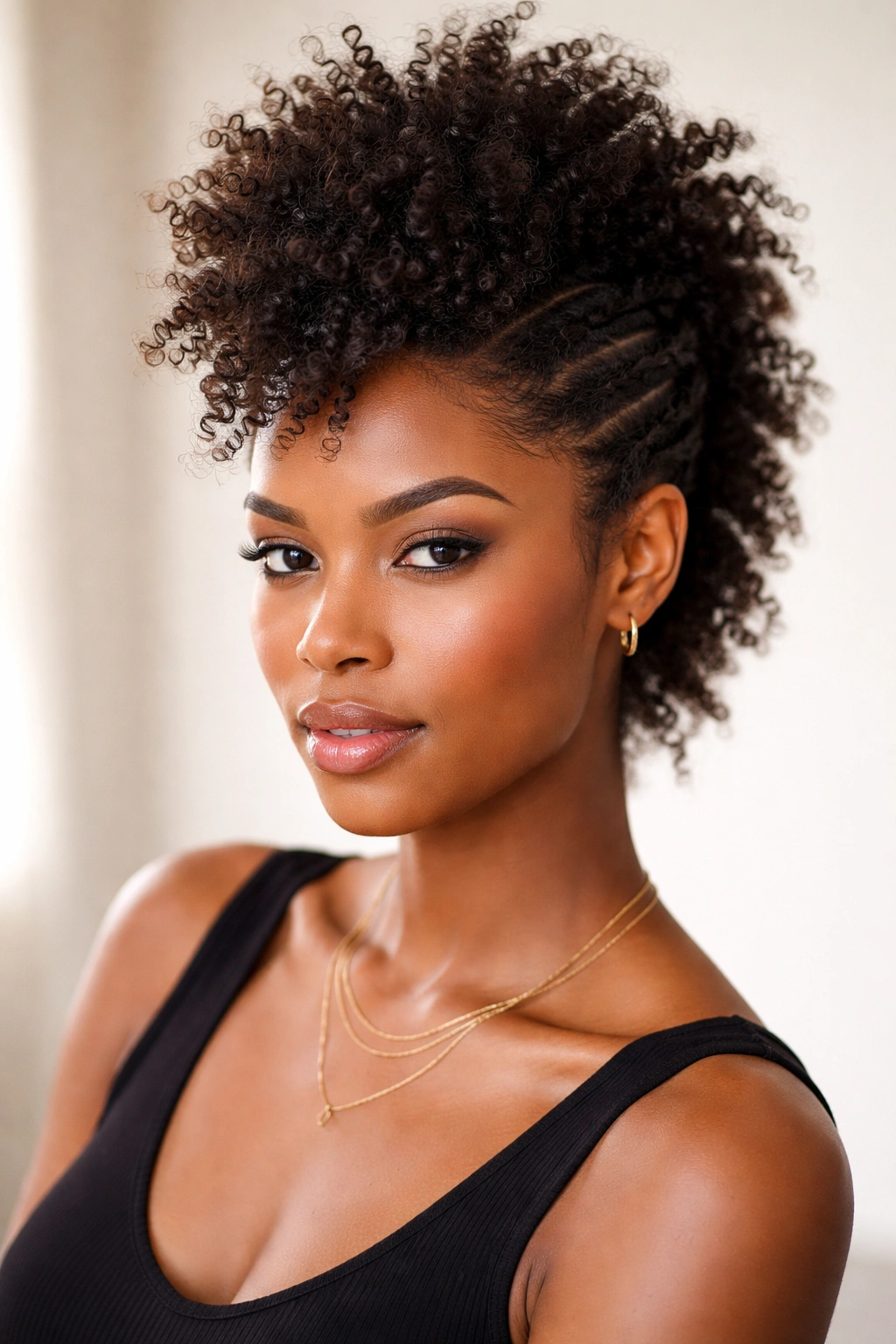 Close-up of afro hair styled into a centered faux hawk with pinned sides.