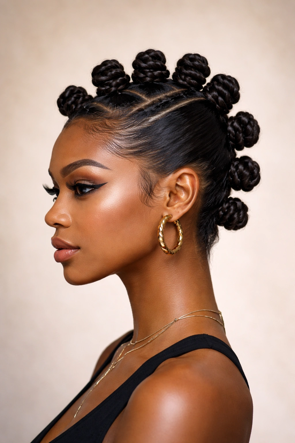 Close-up of Faux Hawk Bantu Knots with center line and slicked sides